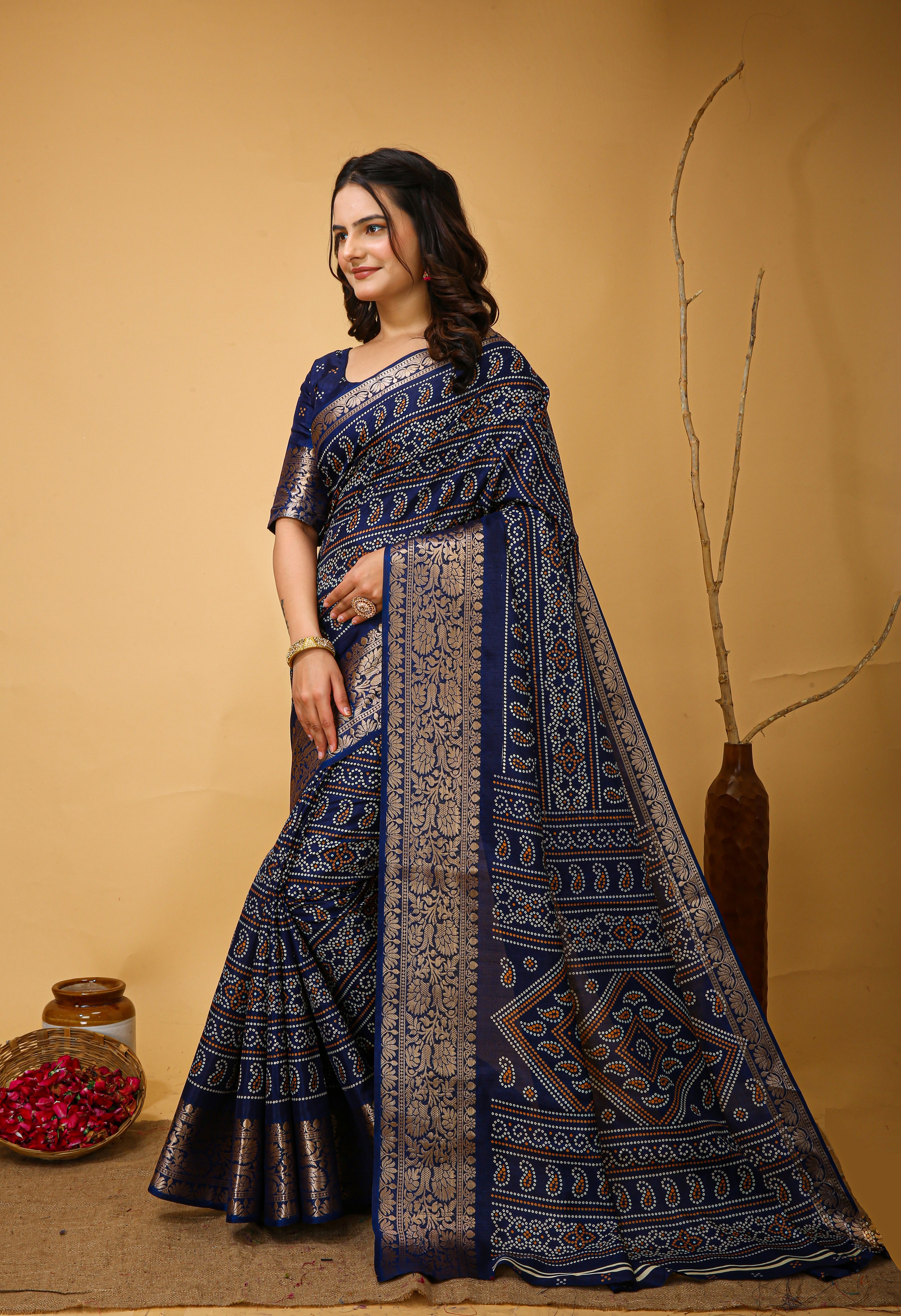 New Enchanting Soft Cotton Bandhani Printed Navy Blue Saree With Unstiched Blouse