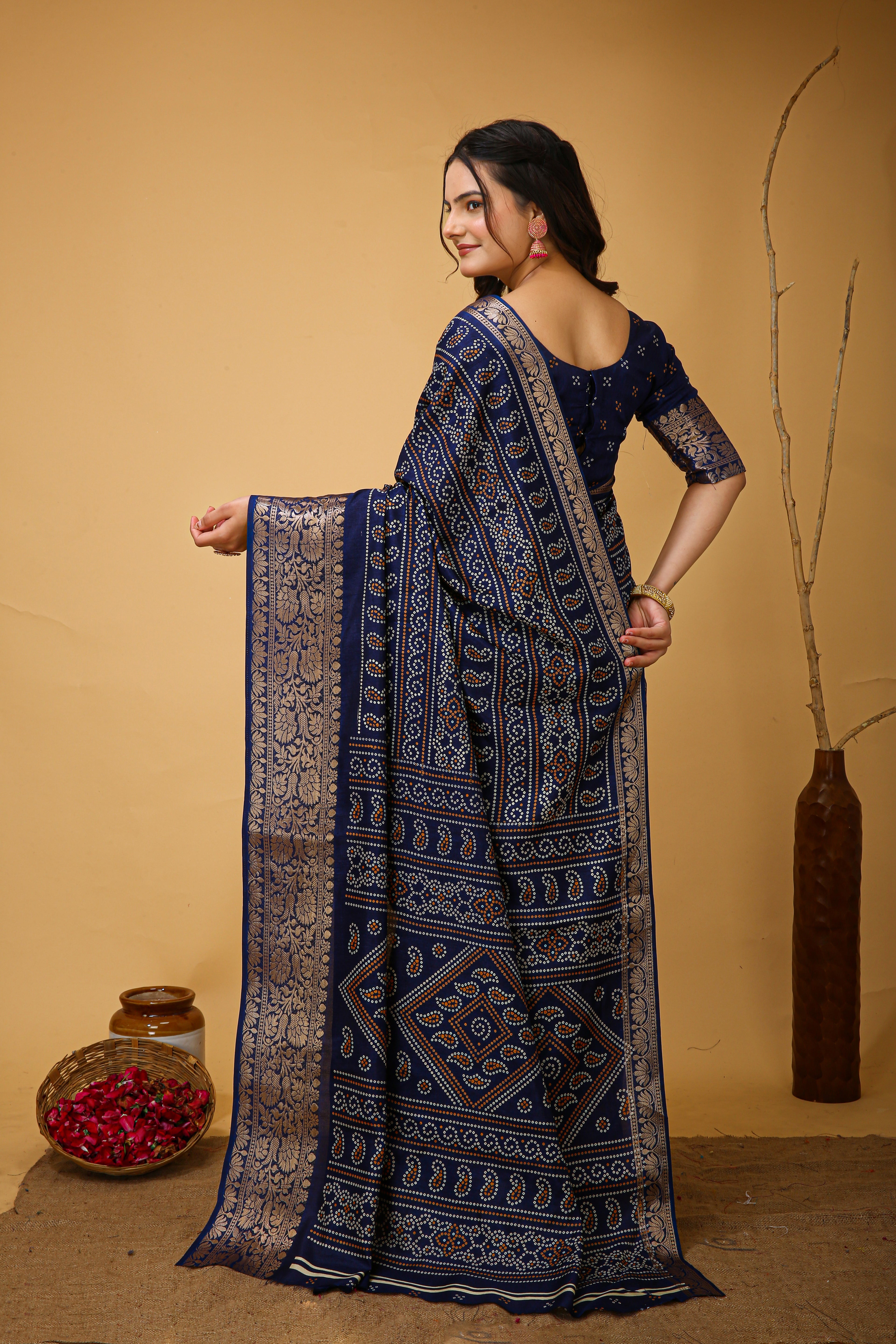 New Enchanting Soft Cotton Bandhani Printed Navy Blue Saree With Unstiched Blouse