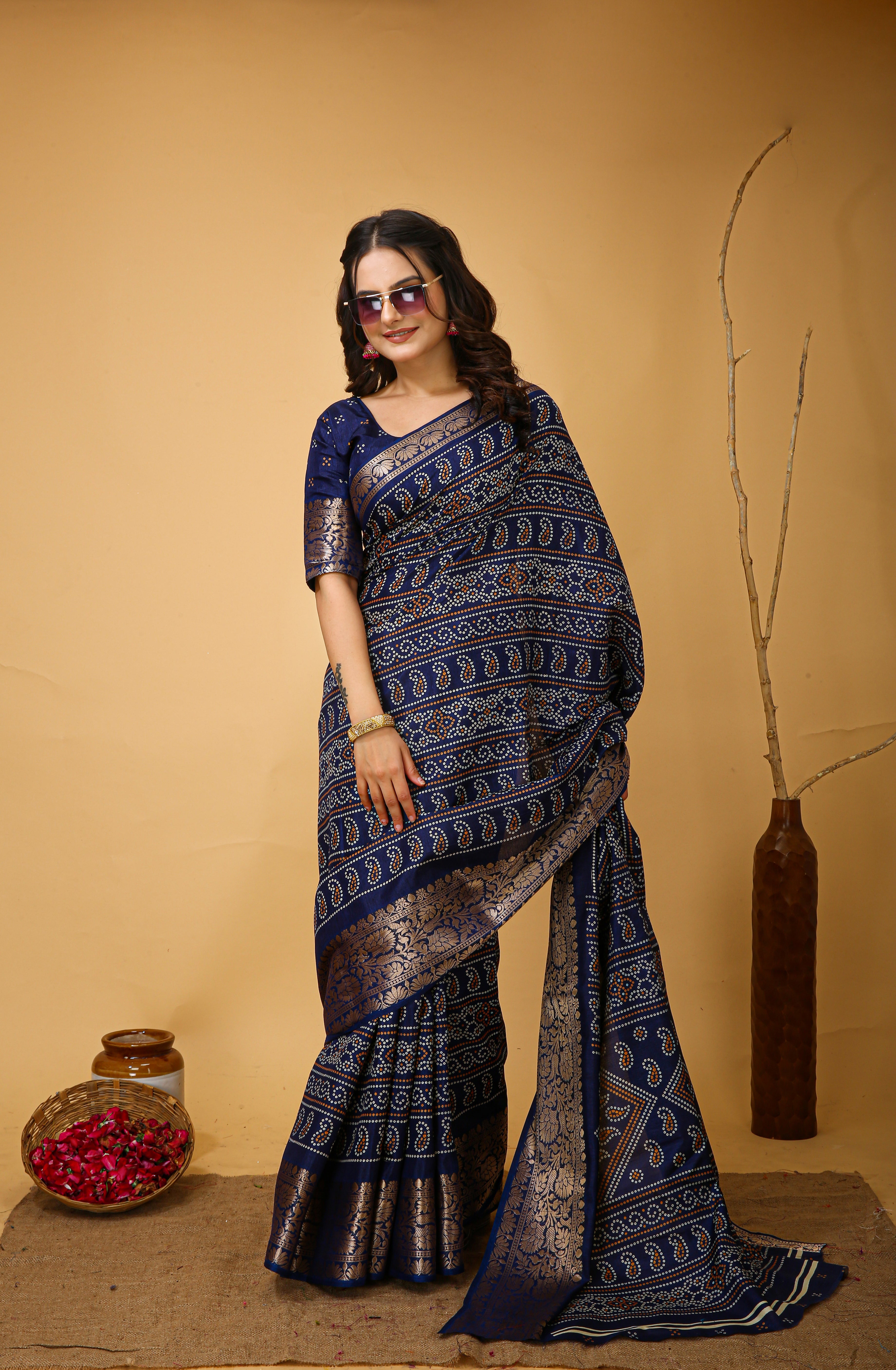 New Enchanting Soft Cotton Bandhani Printed Navy Blue Saree With Unstiched Blouse