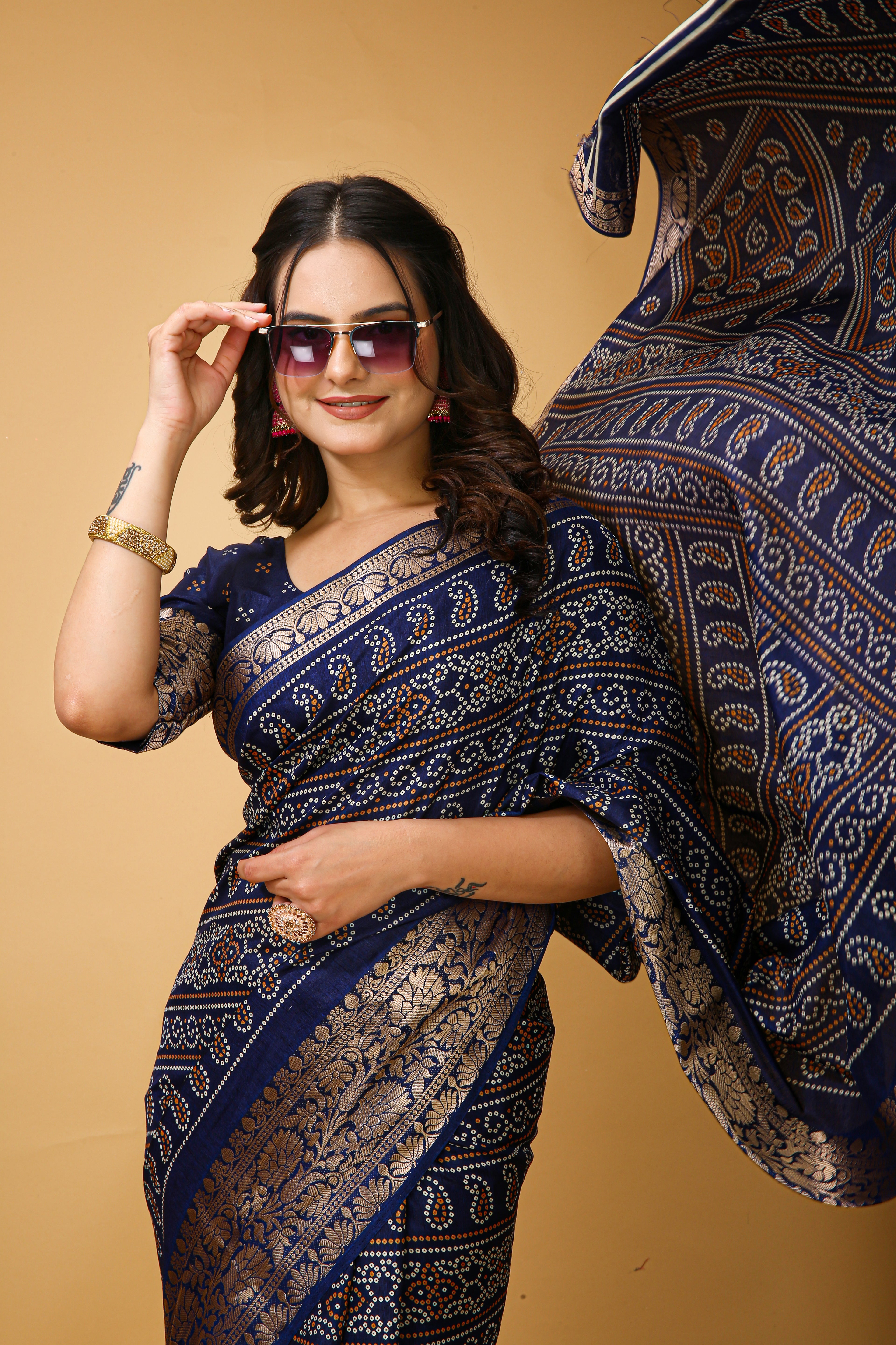 New Enchanting Soft Cotton Bandhani Printed Navy Blue Saree With Unstiched Blouse