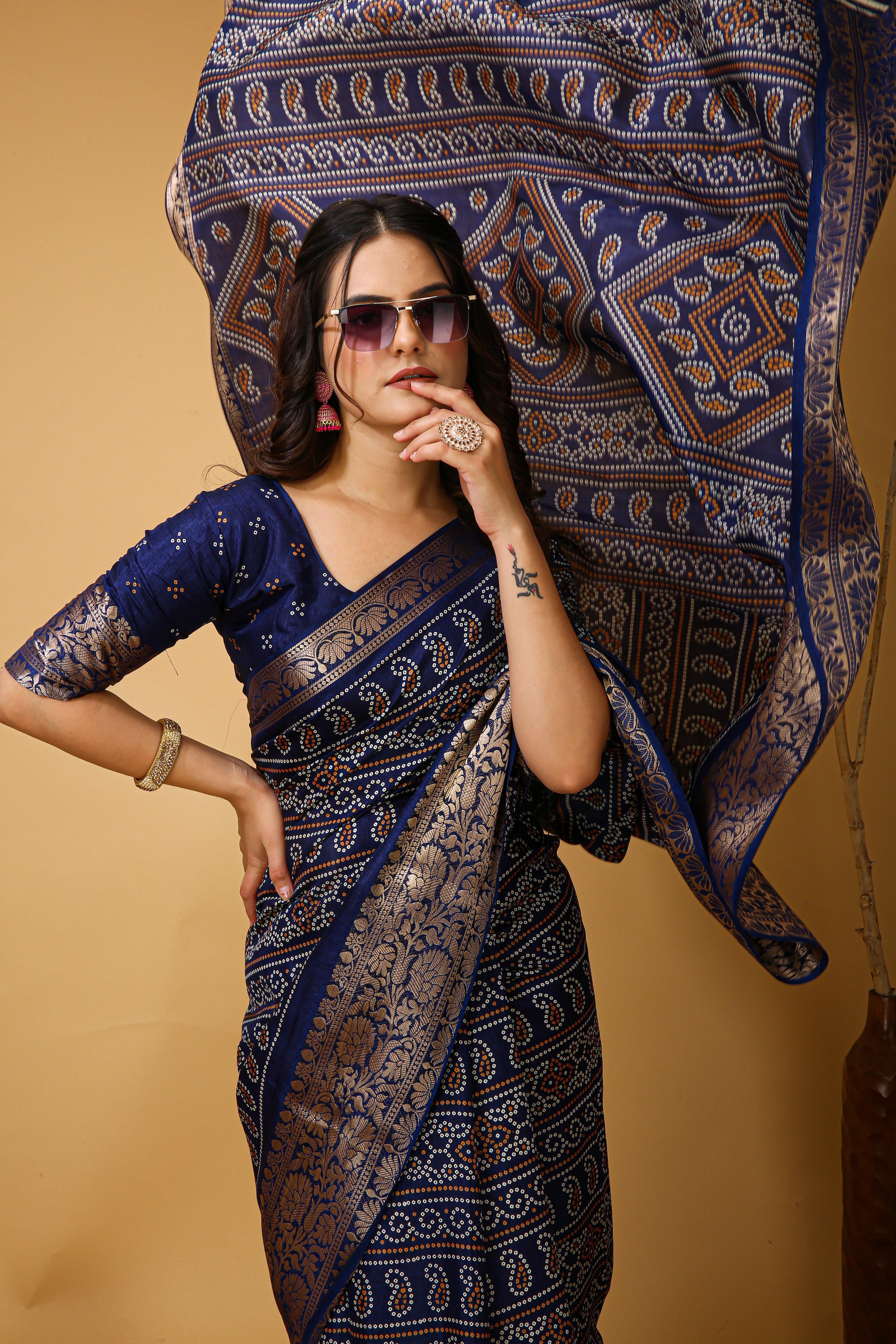 New Enchanting Soft Cotton Bandhani Printed Navy Blue Saree With Unstiched Blouse