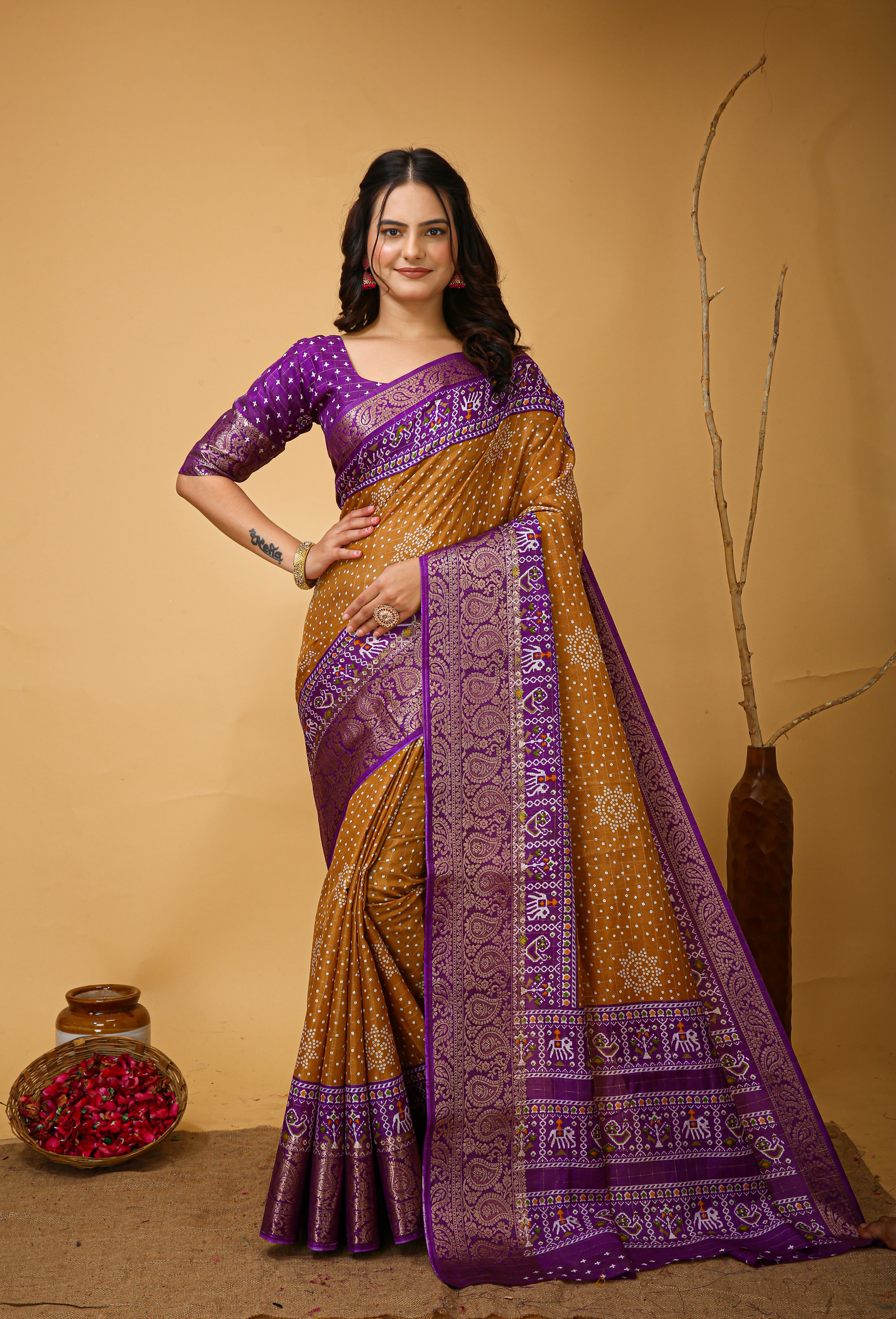 New Enchanting soft cotton Bandhani Printed Wooden Yellow Saree With Unstiched Blouse