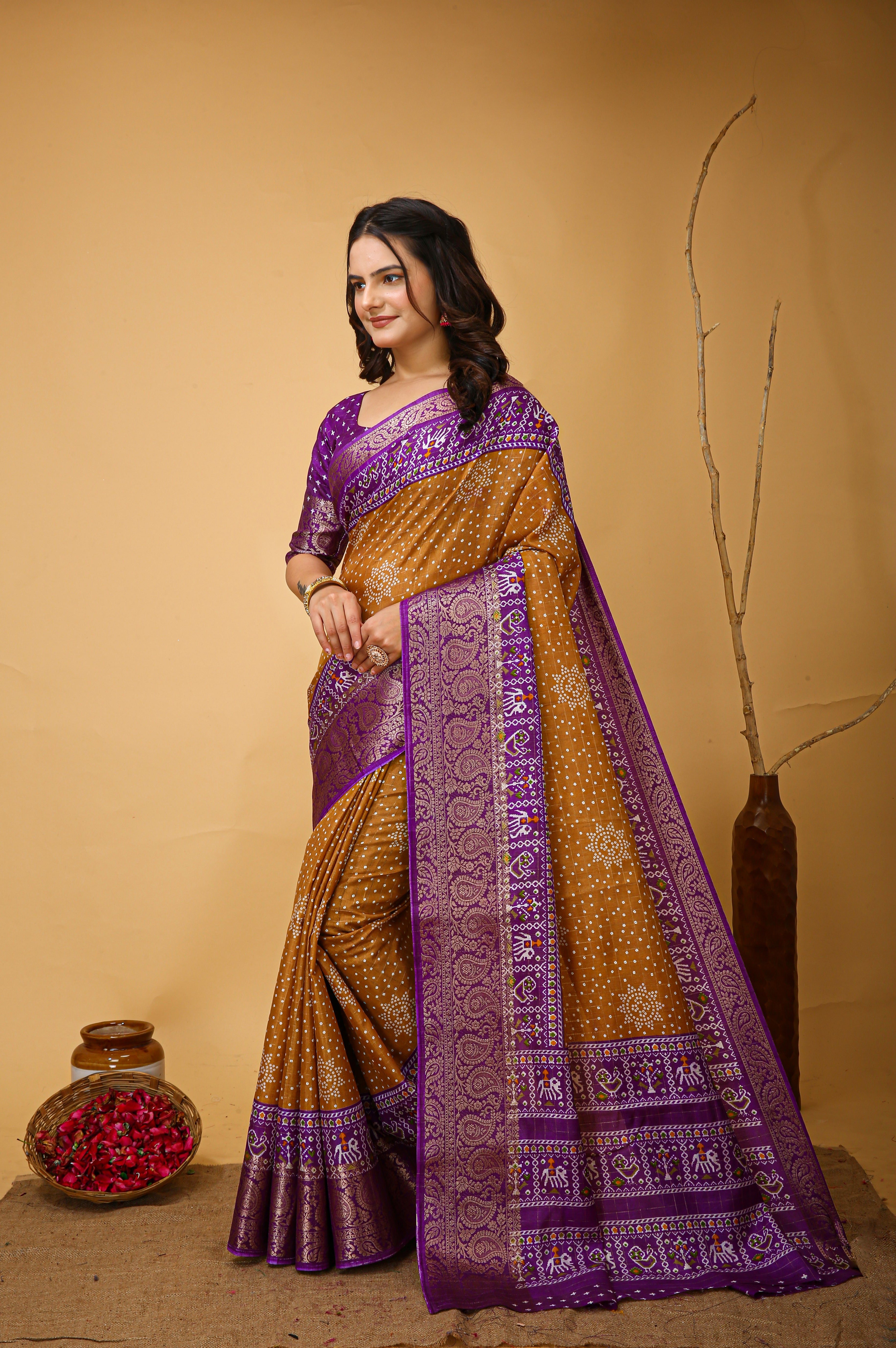 New Enchanting soft cotton Bandhani Printed Wooden Yellow Saree With Unstiched Blouse