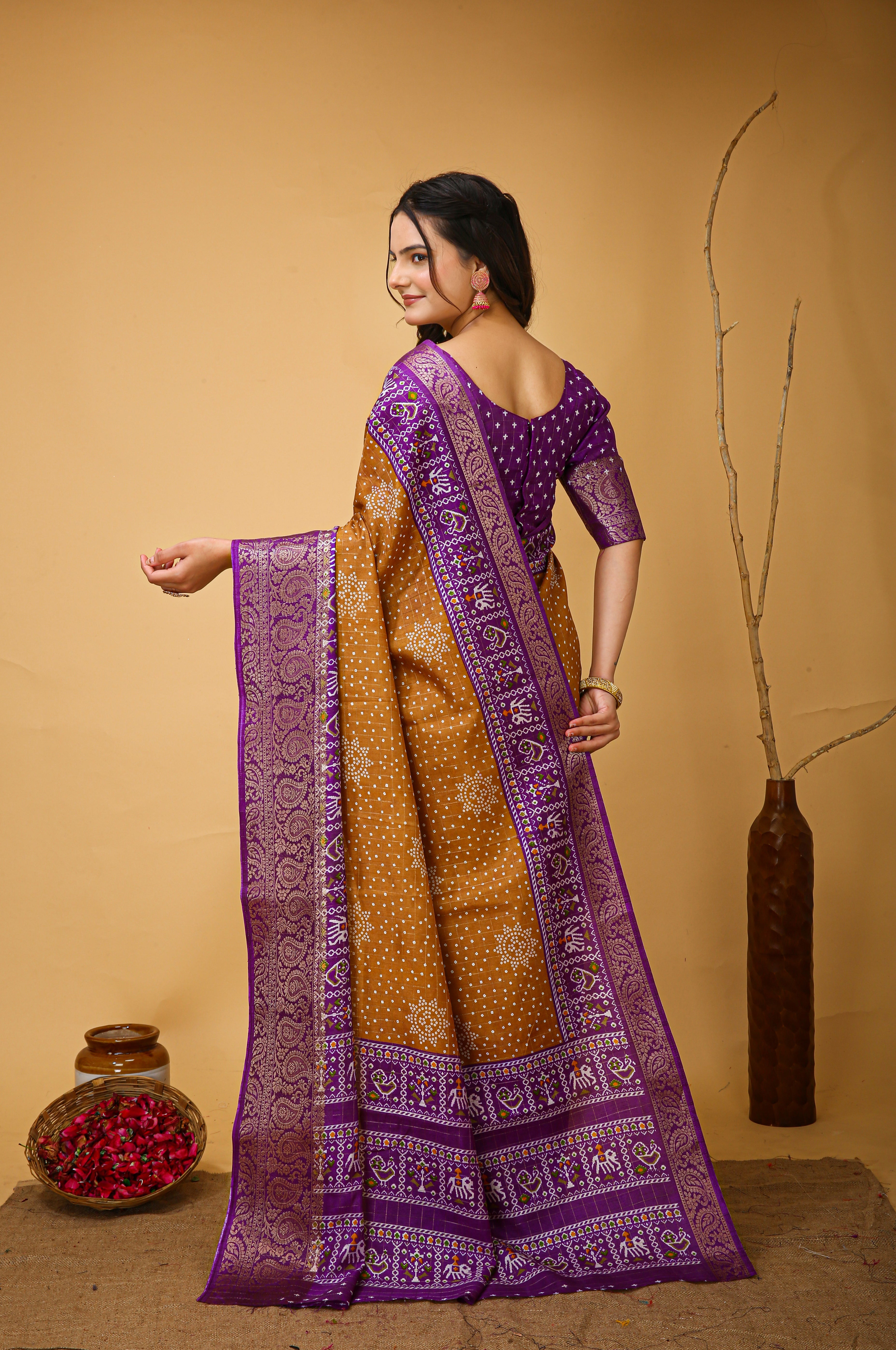 New Enchanting soft cotton Bandhani Printed Wooden Yellow Saree With Unstiched Blouse