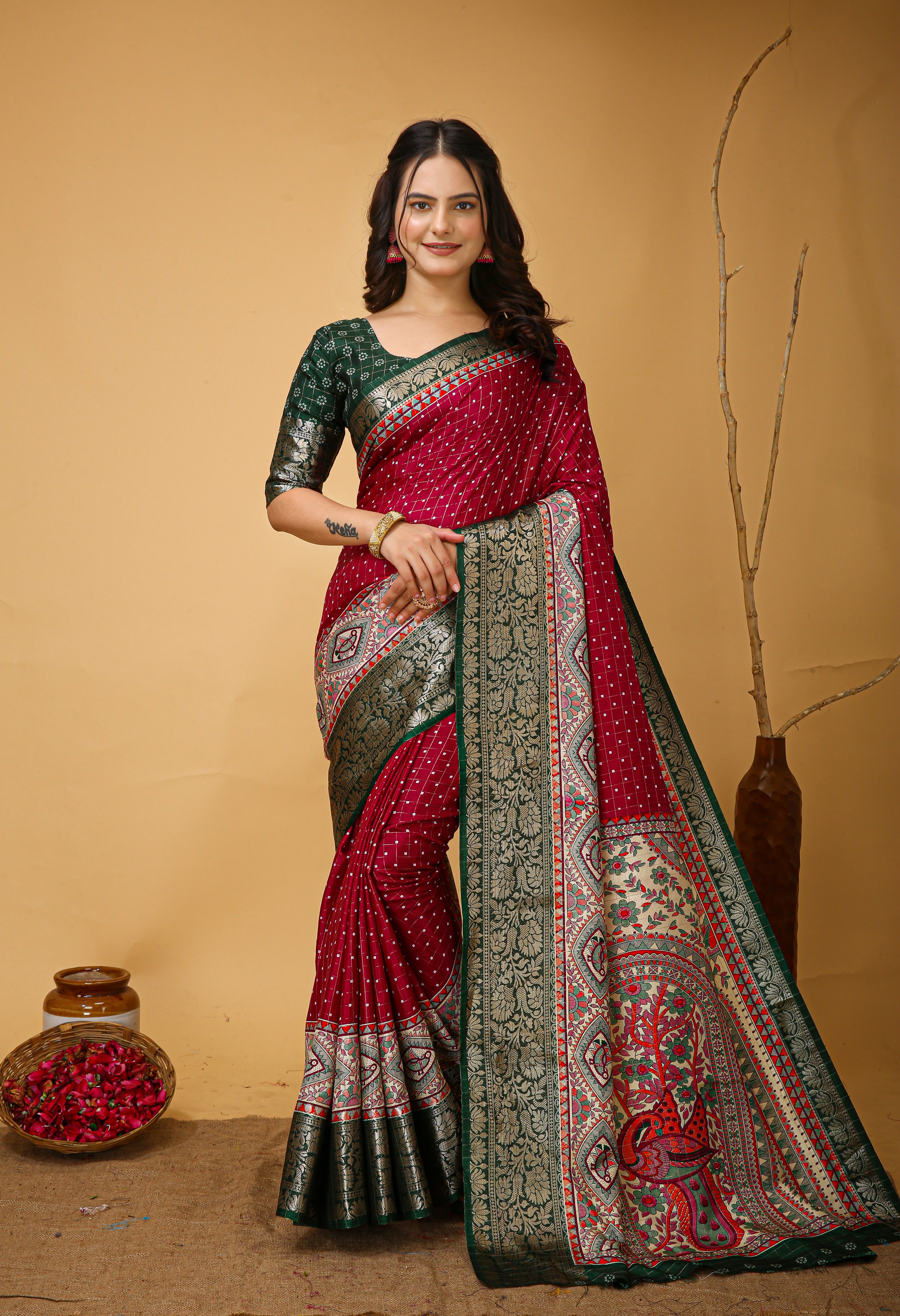 New Enchanting soft cotton Dot Printed Green Bodered Dark Maroon Red Saree With Unstiched Blouse