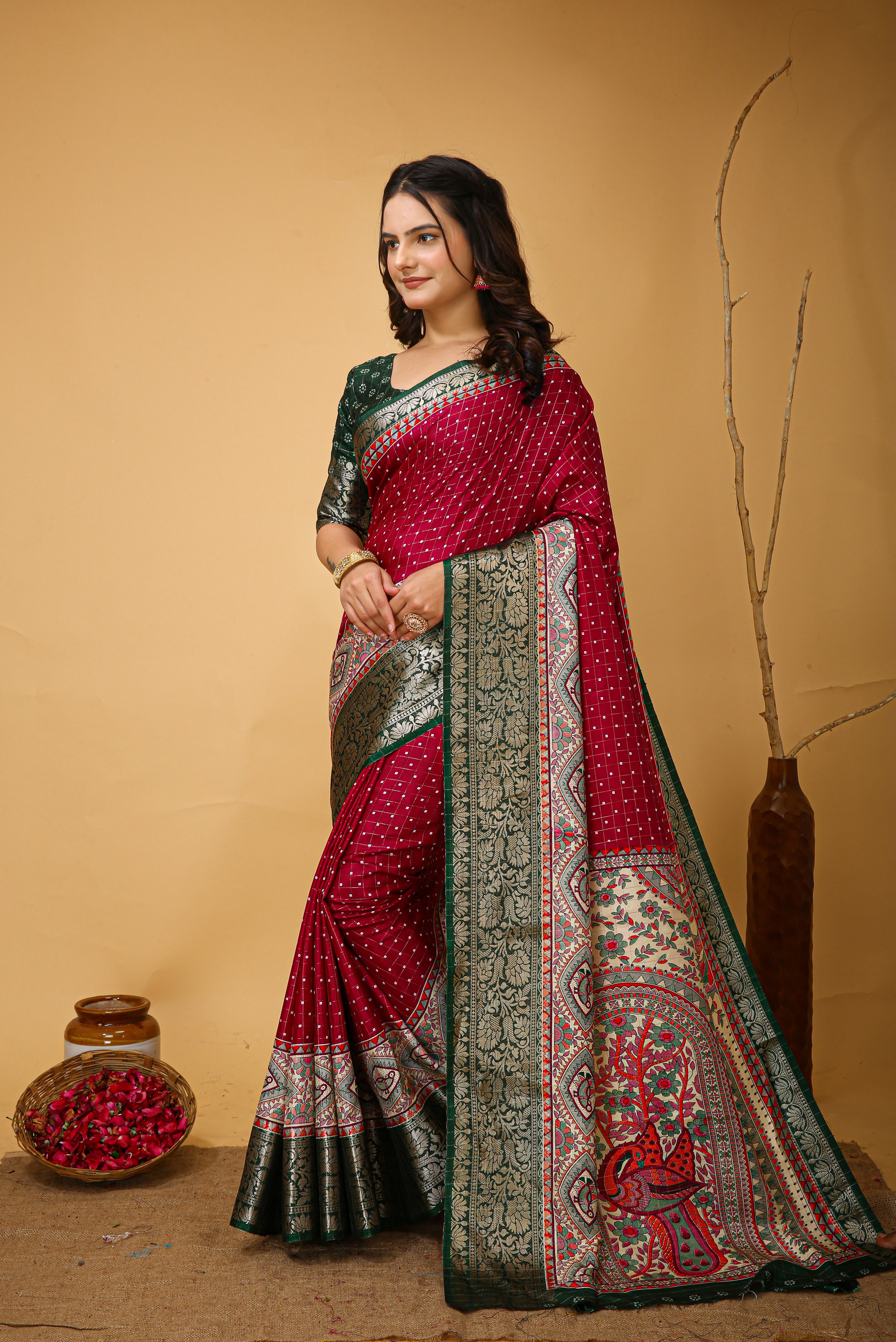 New Enchanting soft cotton Dot Printed Green Bodered Dark Maroon Red Saree With Unstiched Blouse