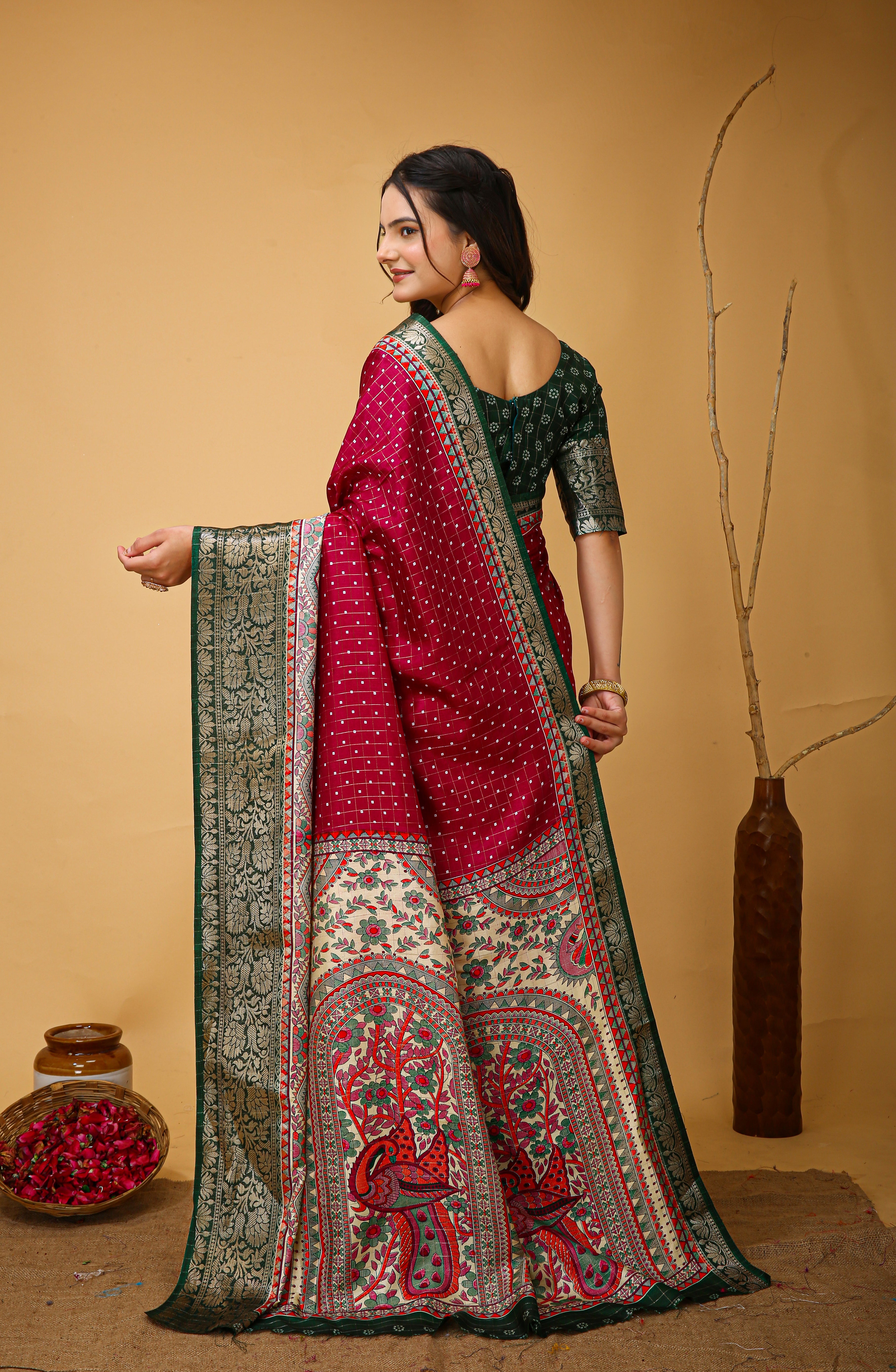 New Enchanting soft cotton Dot Printed Green Bodered Dark Maroon Red Saree With Unstiched Blouse