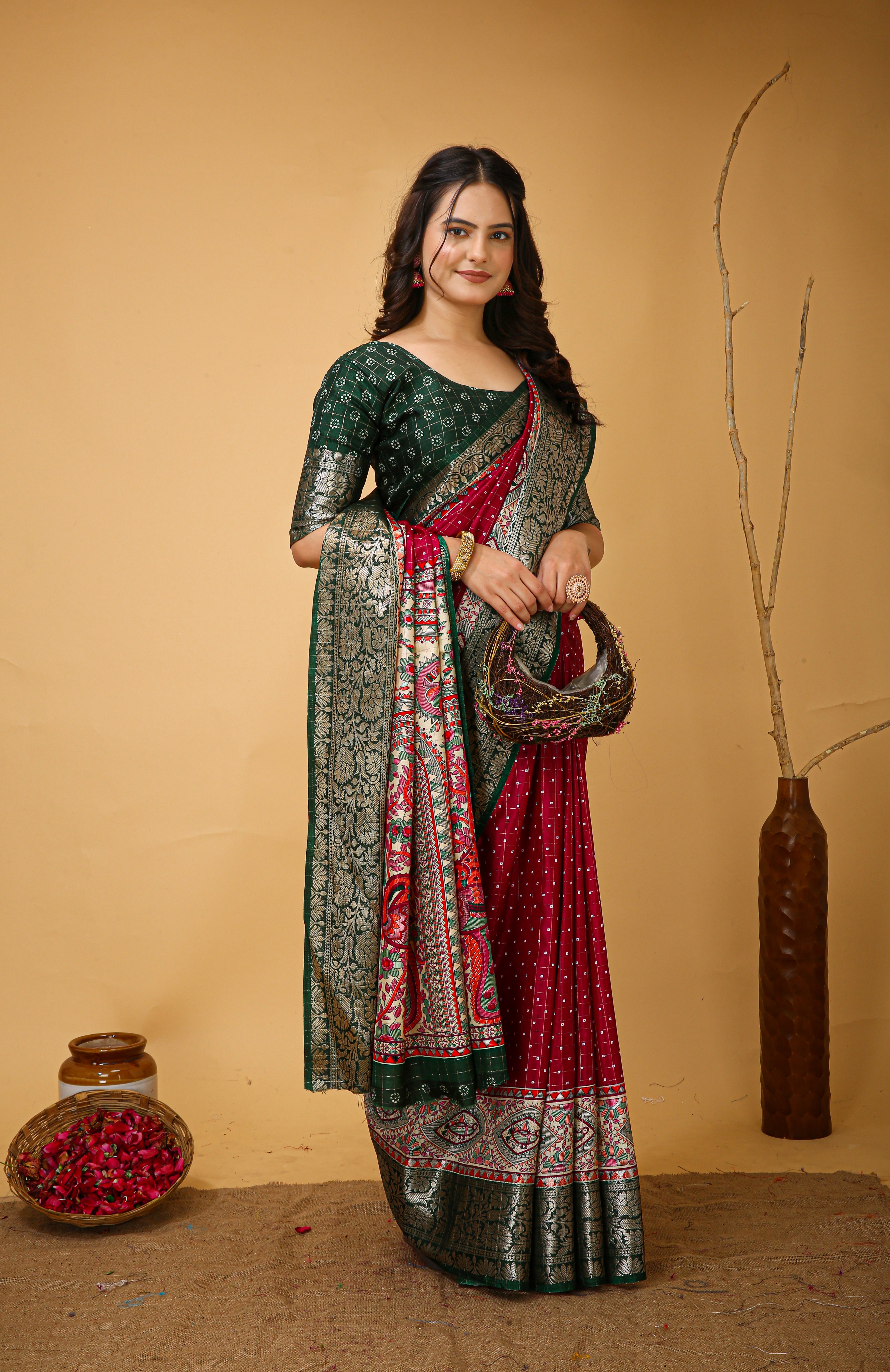 New Enchanting soft cotton Dot Printed Green Bodered Dark Maroon Red Saree With Unstiched Blouse