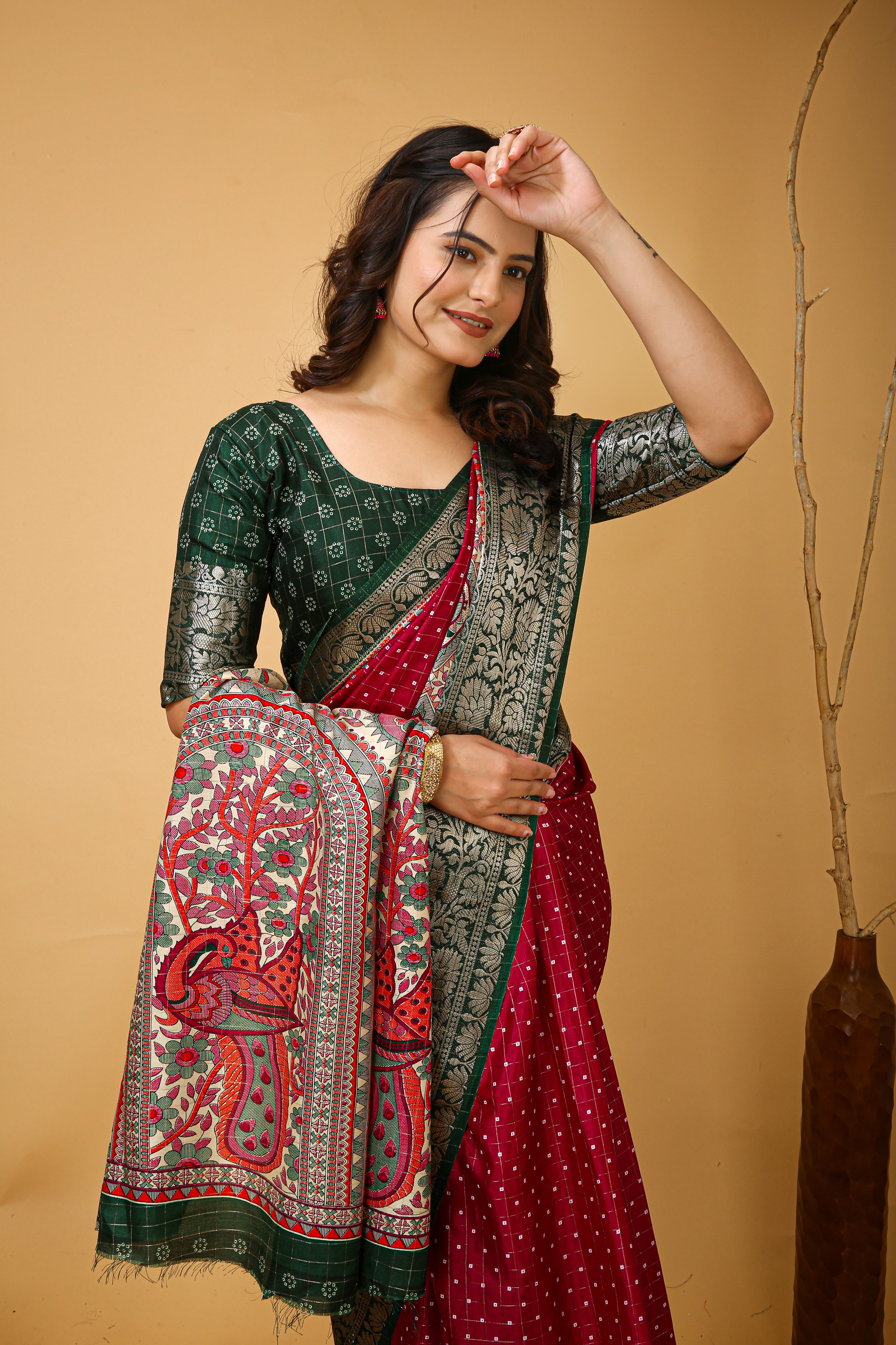 New Enchanting soft cotton Dot Printed Green Bodered Dark Maroon Red Saree With Unstiched Blouse