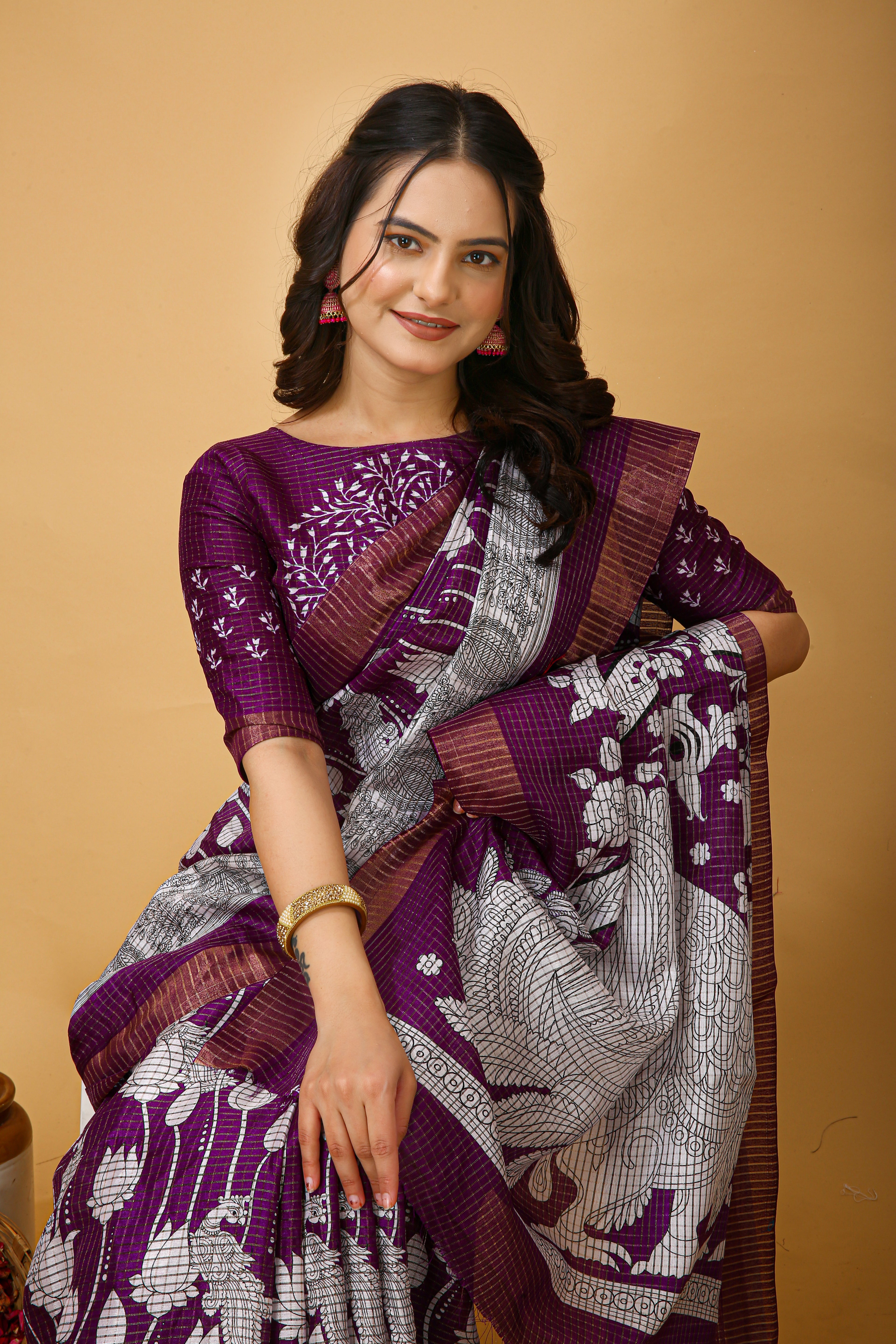 New Fancy Kalamkari Print And Jecard Kanjivaram Zari Border Soft Cotton Wine Saree With Unstiched Blouse