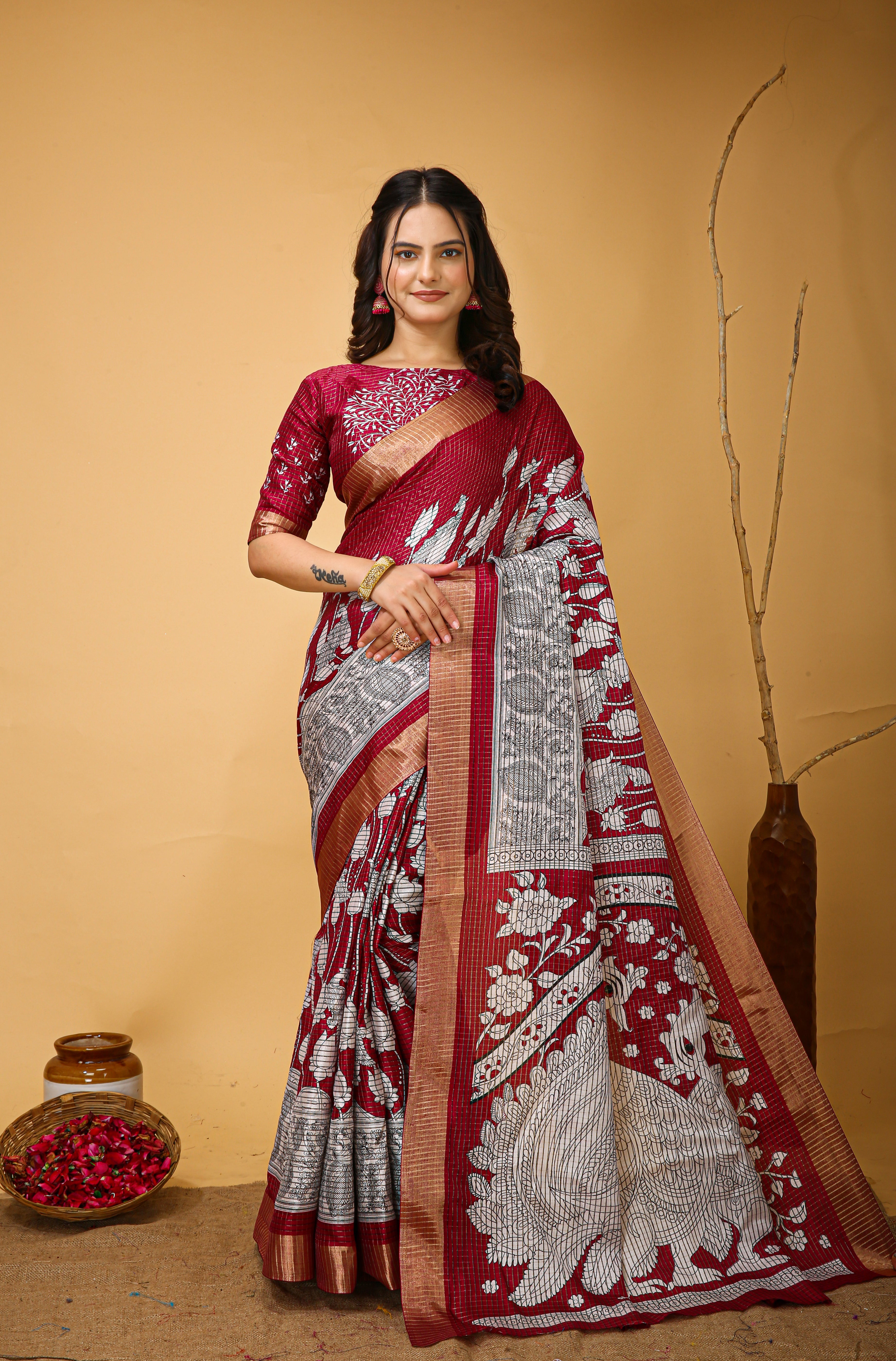 New Fancy Kalamkari Print And Jecard Kanjivaram Zari Border Soft Cotton Maroon Red Saree With Unstiched Blouse