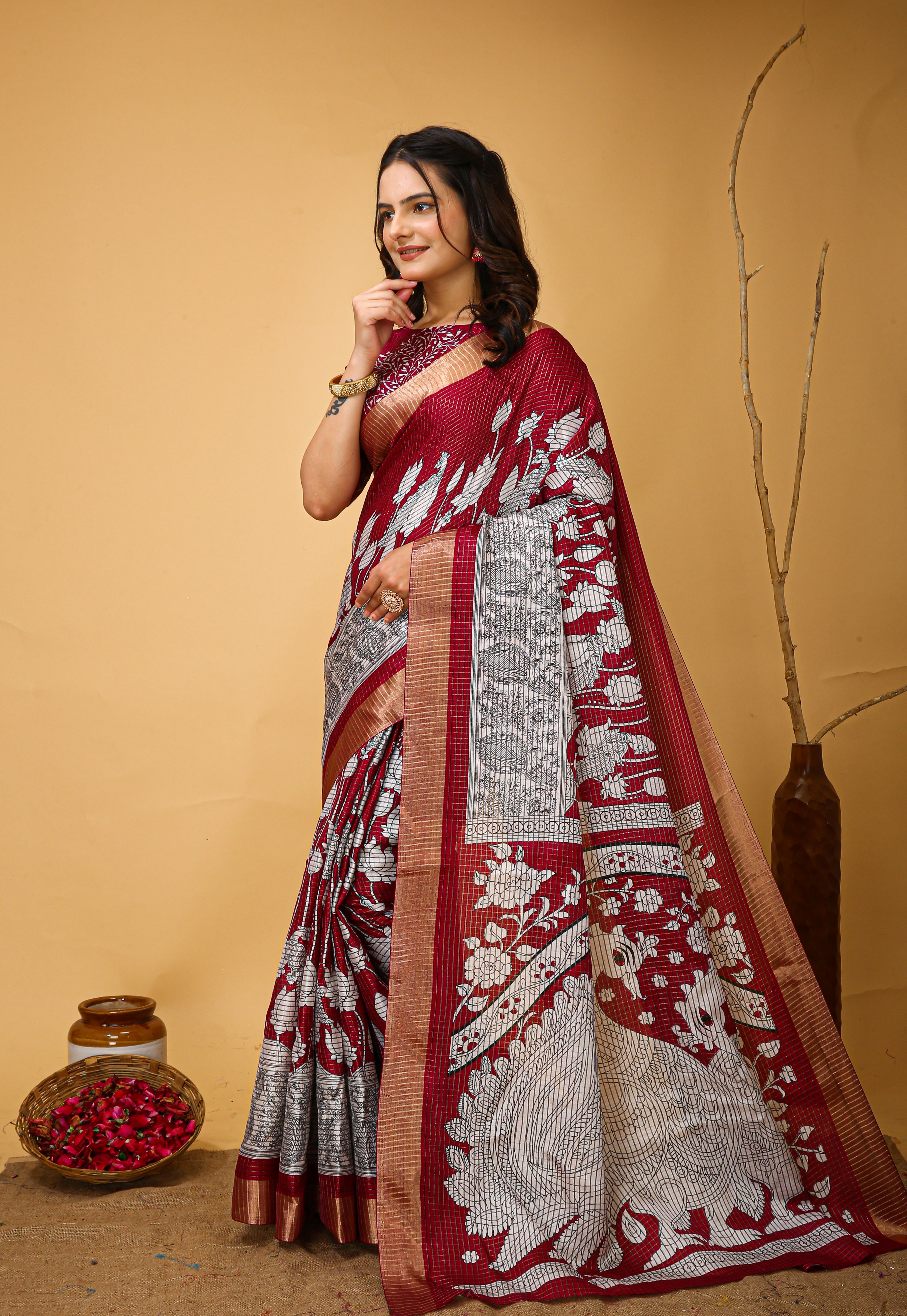 New Fancy Kalamkari Print And Jecard Kanjivaram Zari Border Soft Cotton Maroon Red Saree With Unstiched Blouse