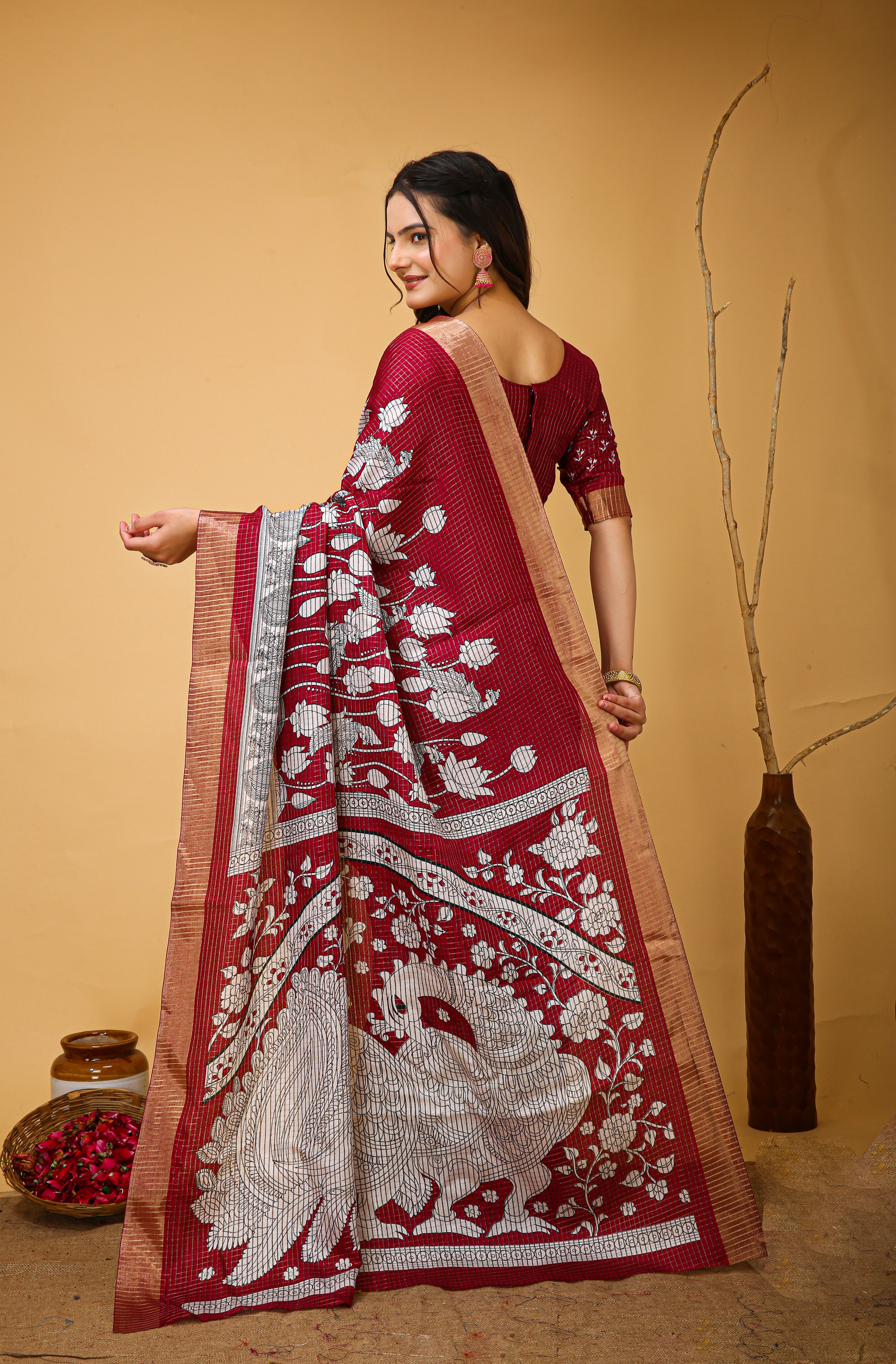 New Fancy Kalamkari Print And Jecard Kanjivaram Zari Border Soft Cotton Maroon Red Saree With Unstiched Blouse