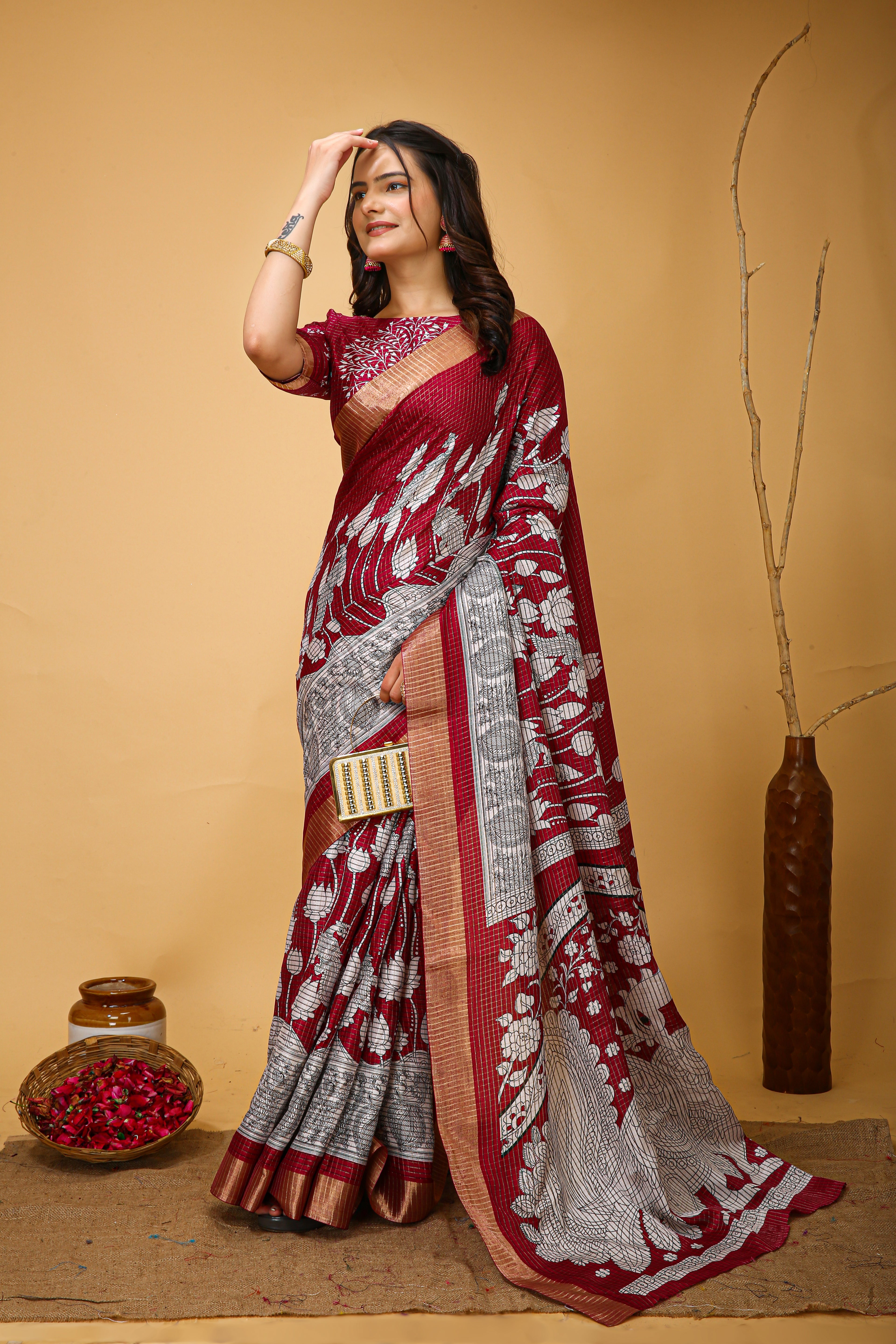 New Fancy Kalamkari Print And Jecard Kanjivaram Zari Border Soft Cotton Maroon Red Saree With Unstiched Blouse