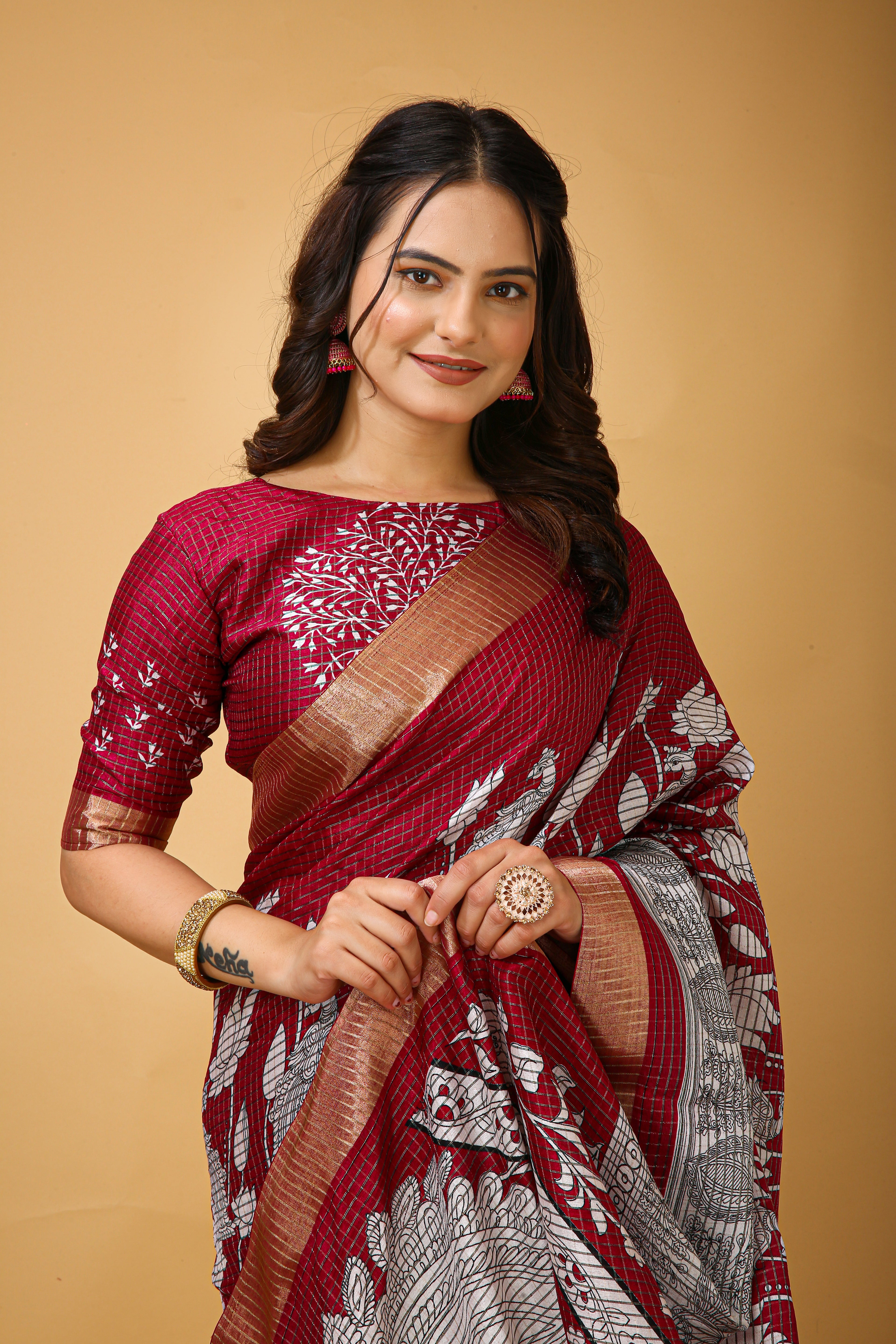 New Fancy Kalamkari Print And Jecard Kanjivaram Zari Border Soft Cotton Maroon Red Saree With Unstiched Blouse