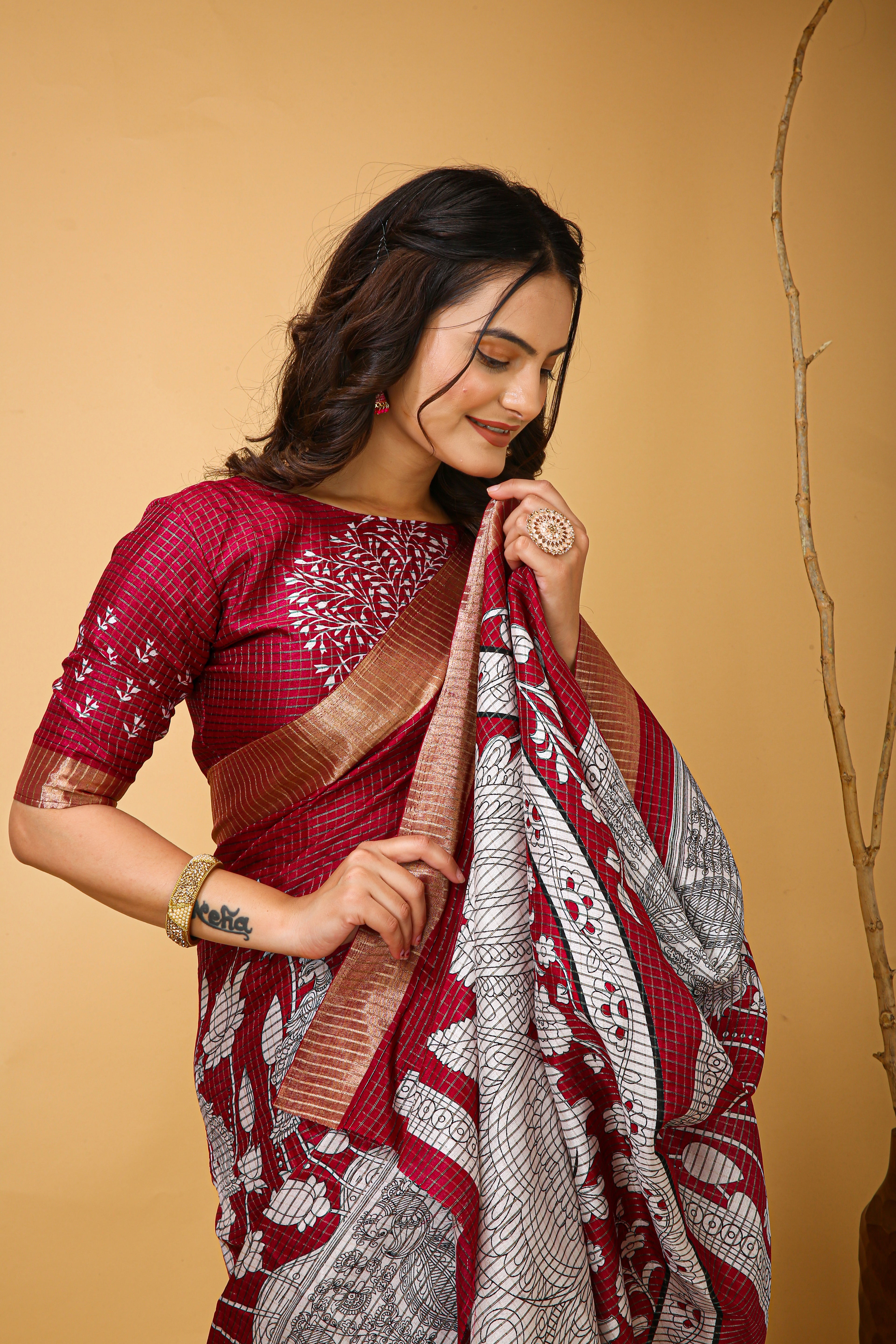 New Fancy Kalamkari Print And Jecard Kanjivaram Zari Border Soft Cotton Maroon Red Saree With Unstiched Blouse