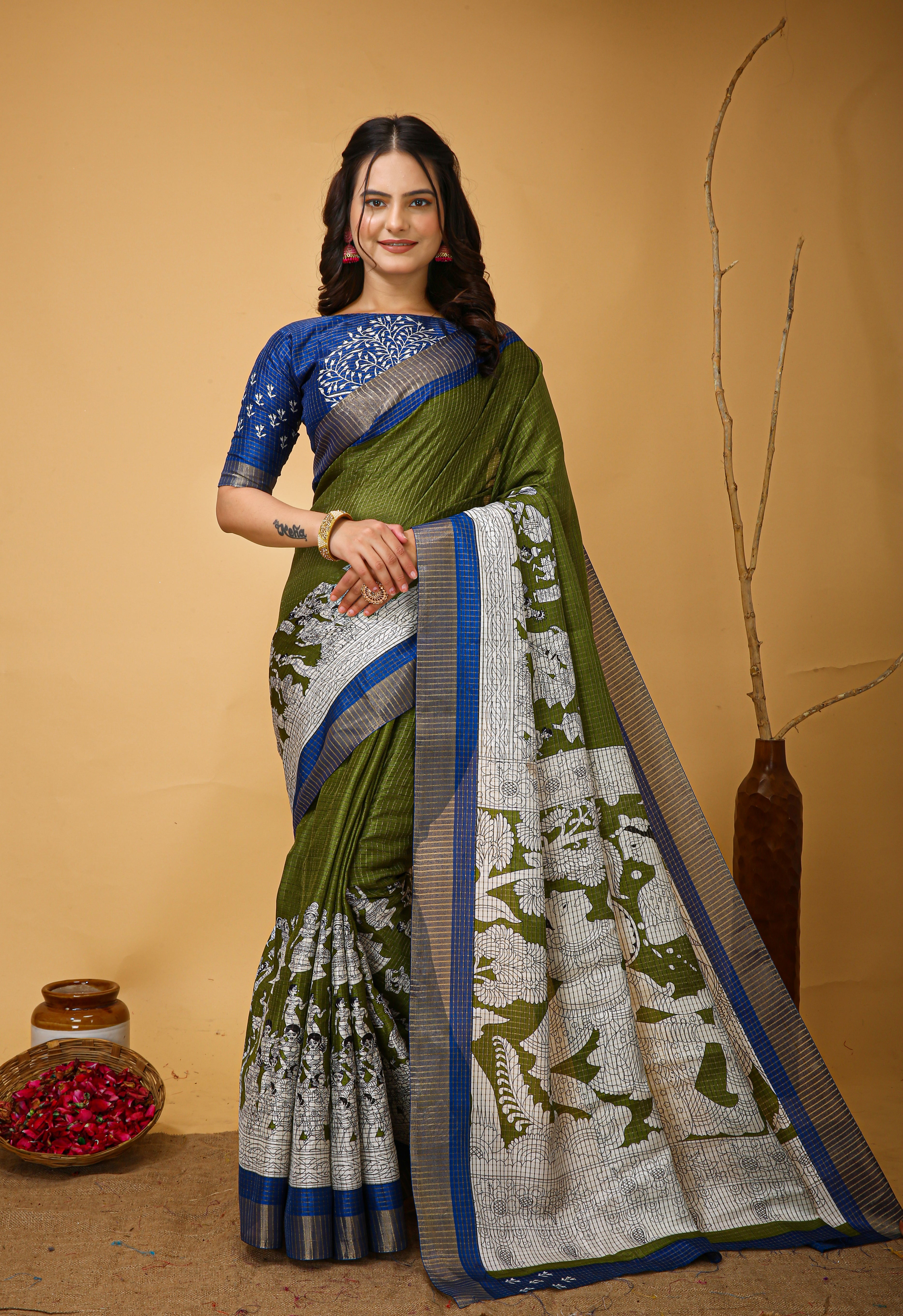 New Fancy Kalamkari Print And Jecard Kanjivaram Zari Border Soft Cotton Mehendi Green Saree With Unstiched Blouse