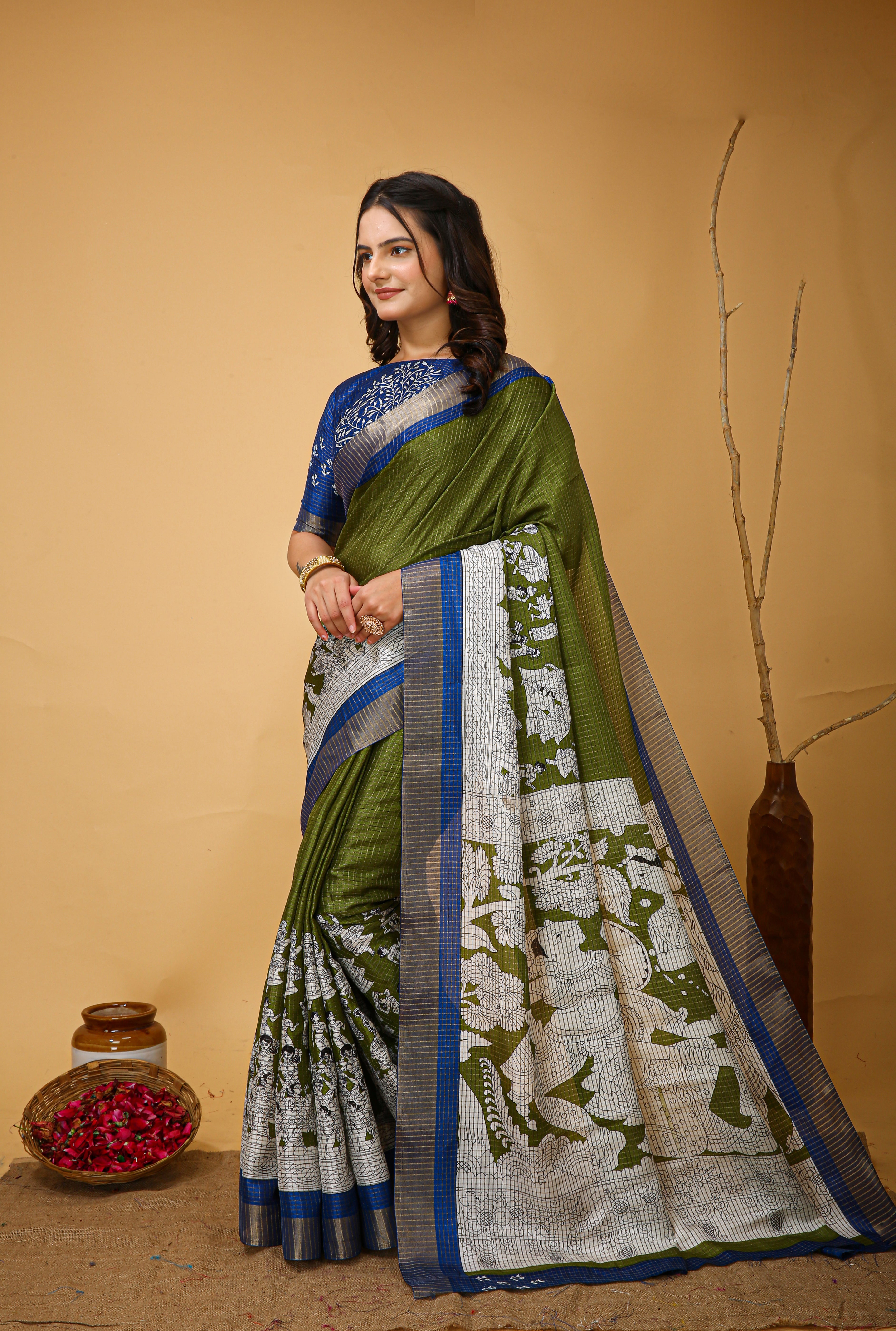 New Fancy Kalamkari Print And Jecard Kanjivaram Zari Border Soft Cotton Mehendi Green Saree With Unstiched Blouse