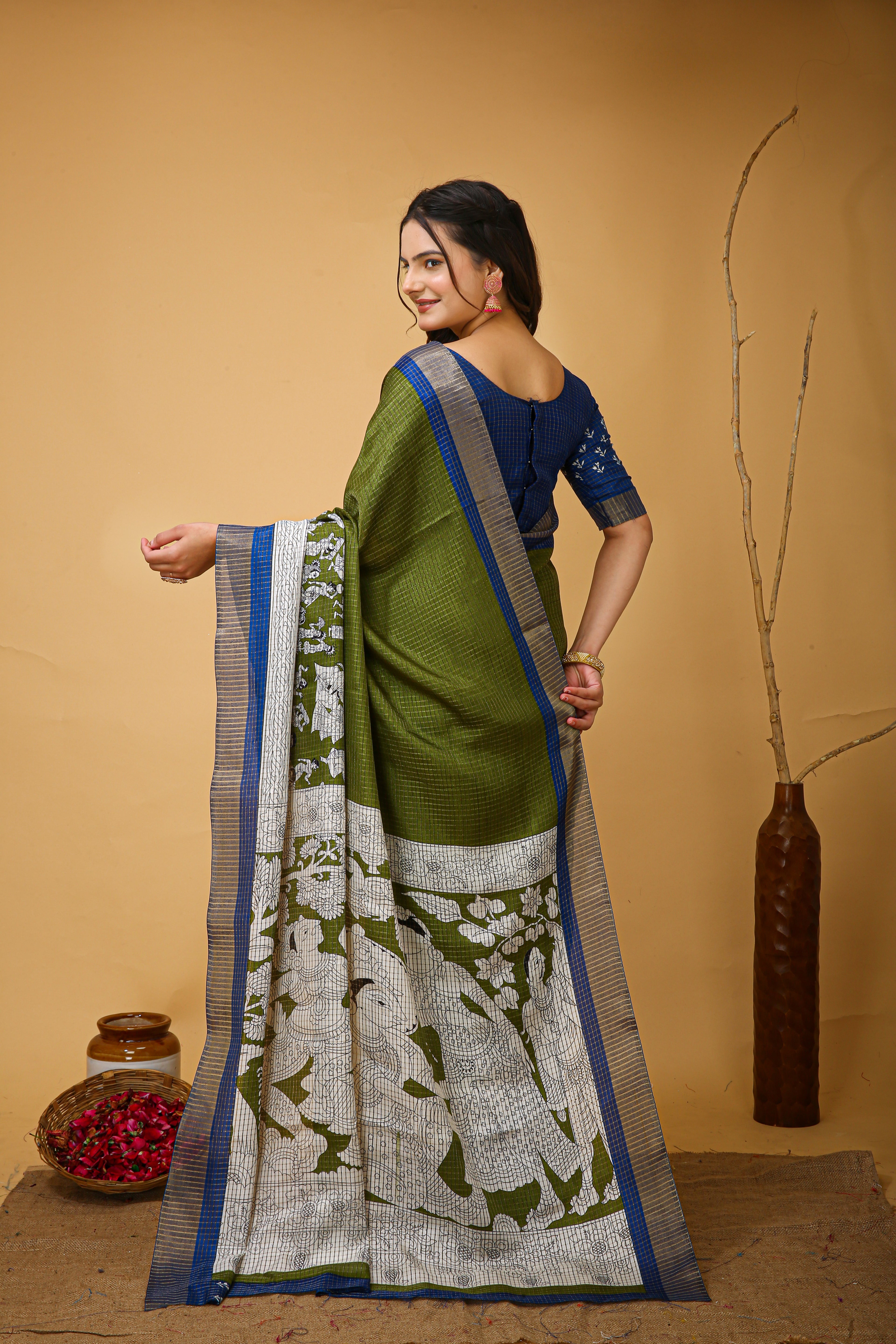 New Fancy Kalamkari Print And Jecard Kanjivaram Zari Border Soft Cotton Mehendi Green Saree With Unstiched Blouse