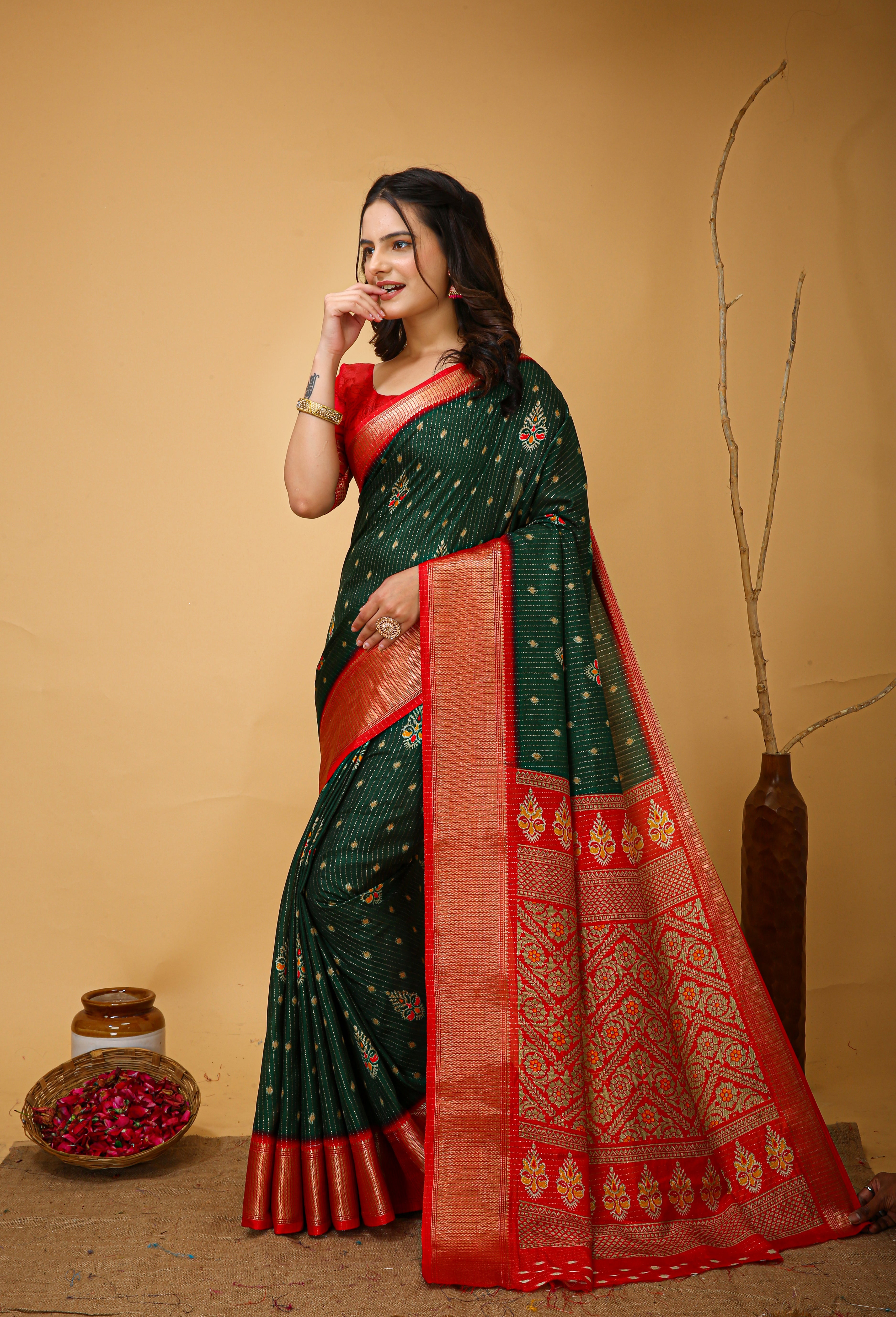 New Fancy Kalamkari Print And Jecard Kanjivaram Zari Border Soft Cotton Green Saree With Unstiched Blouse