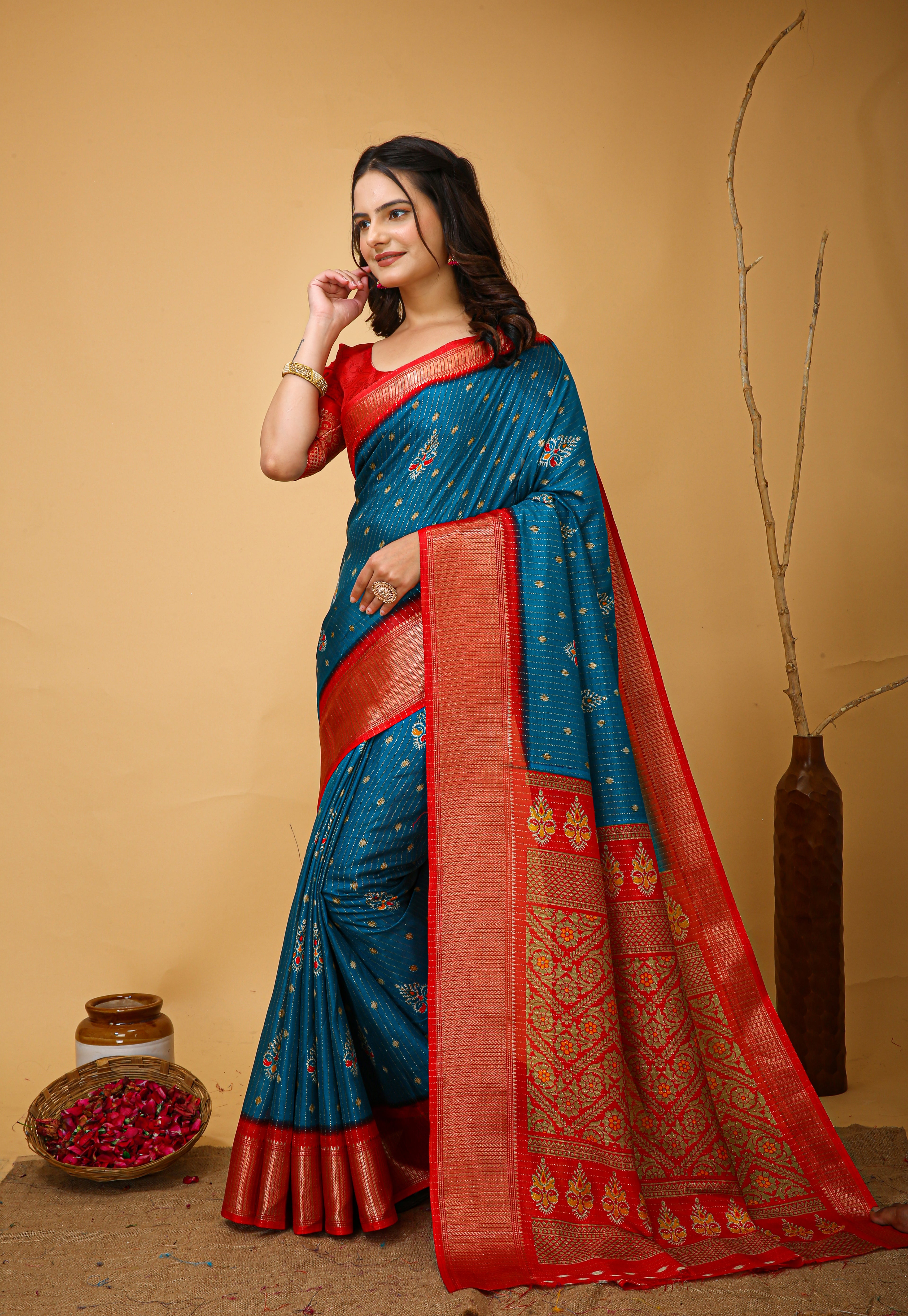 New Fancy Kalamkari Print And Jecard Kanjivaram Zari Border Soft Cotton Azure Blue Saree With Unstiched Blouse