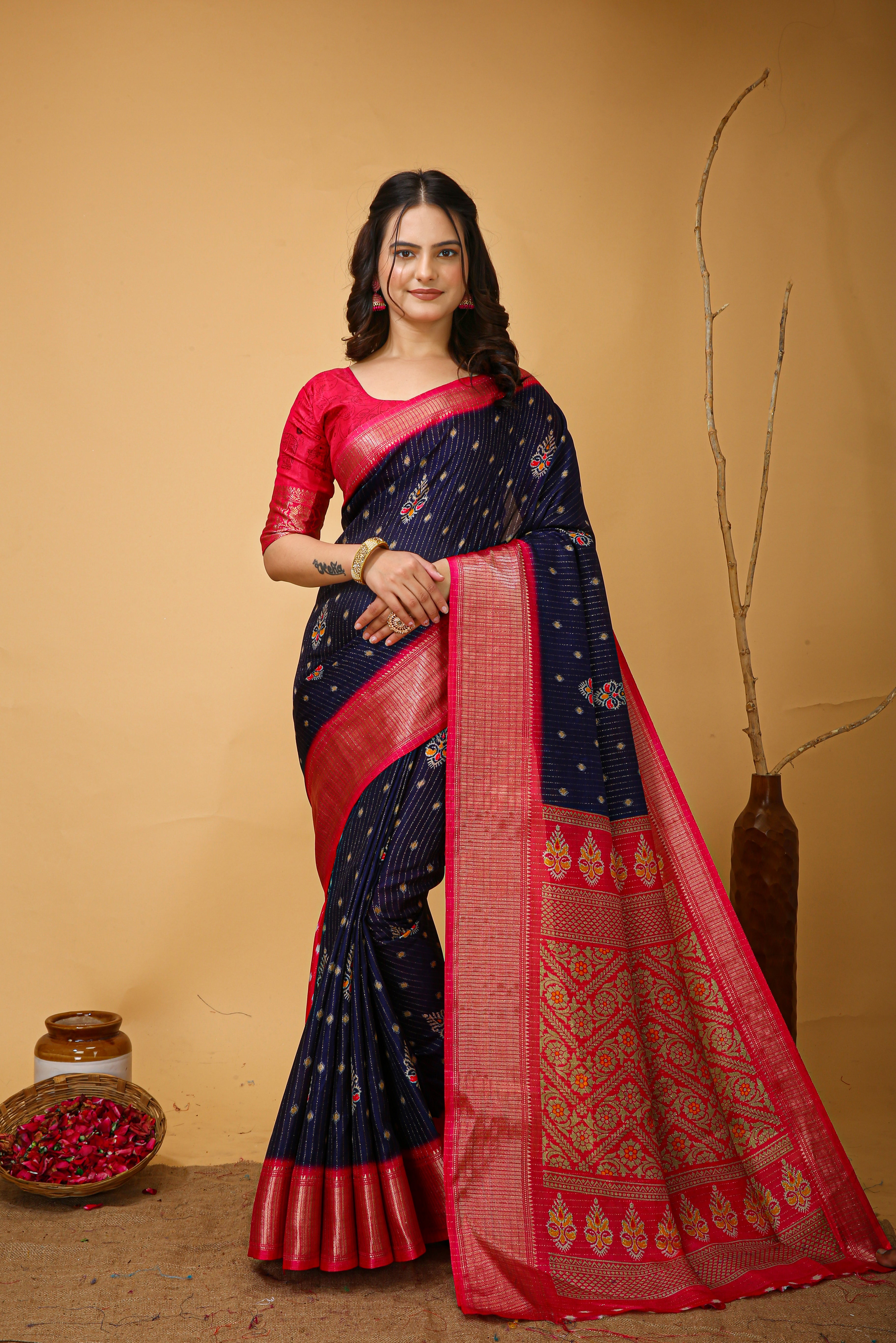 New Fancy Kalamkari Print And Jecard Kanjivaram Zari Border Soft Cotton Navy Blue Saree With Unstiched Blouse