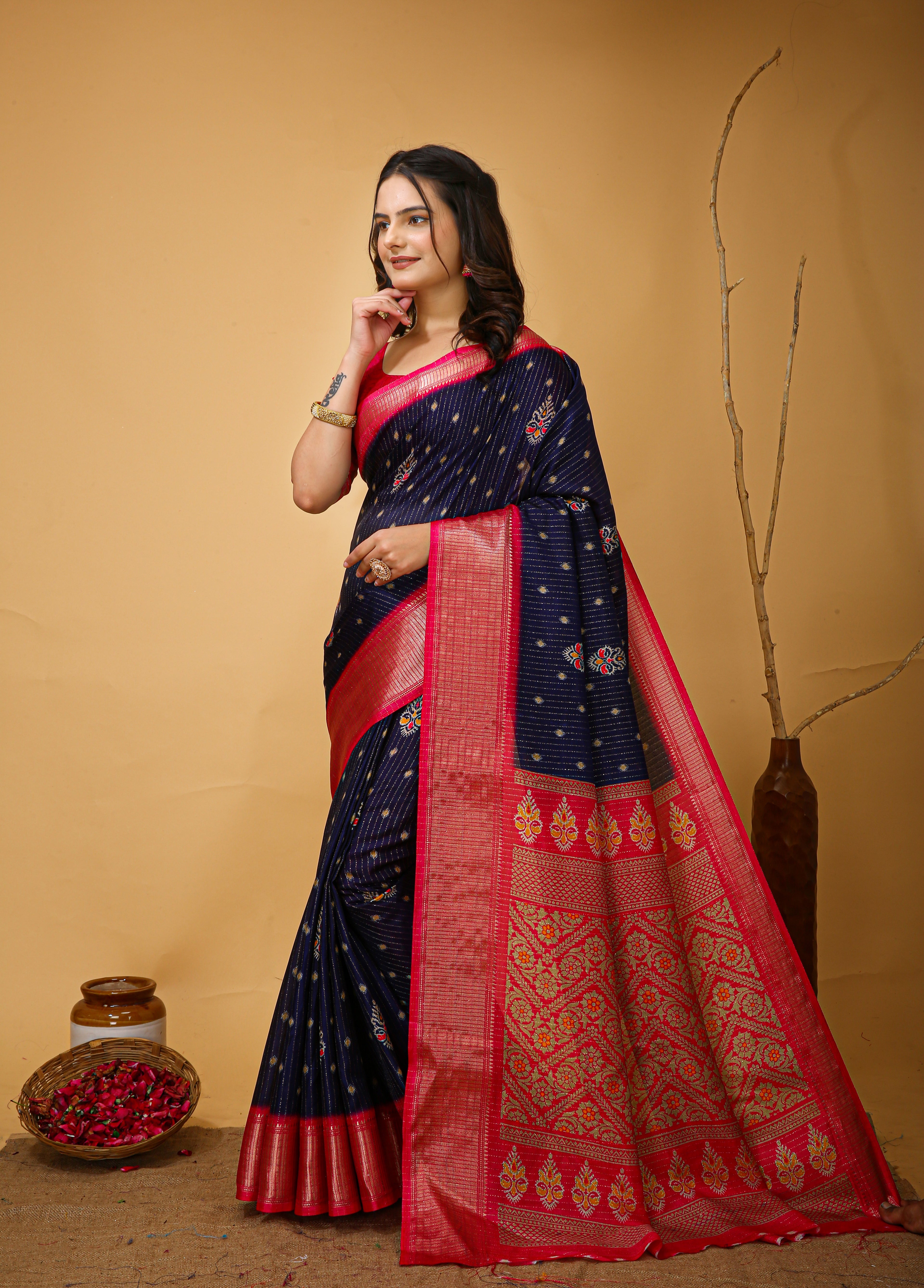 New Fancy Kalamkari Print And Jecard Kanjivaram Zari Border Soft Cotton Navy Blue Saree With Unstiched Blouse