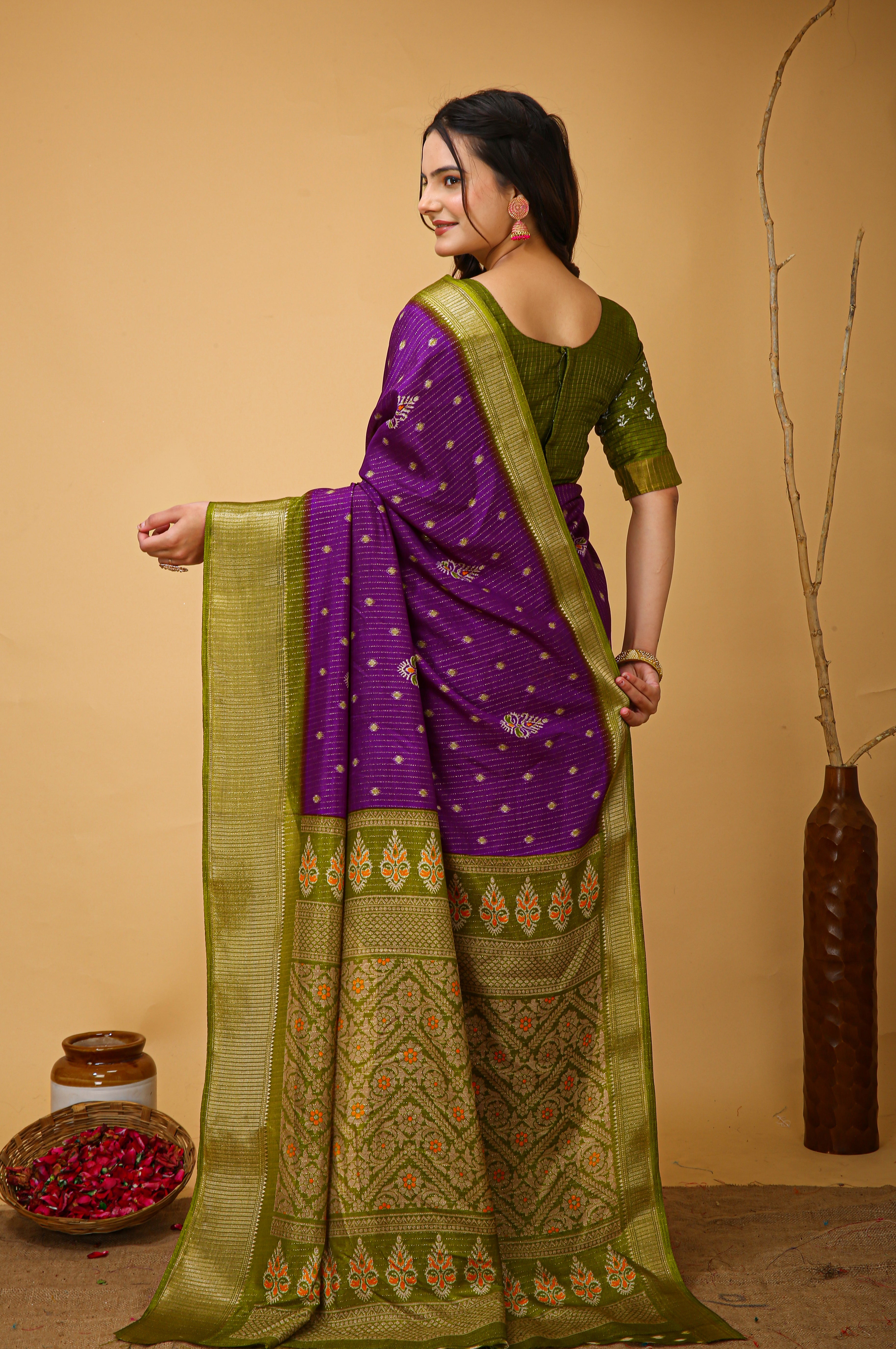 New Fancy Kalamkari Print And Jecard Kanjivaram Zari Border Soft Cotton Dark Purple Saree With Unstiched Blouse