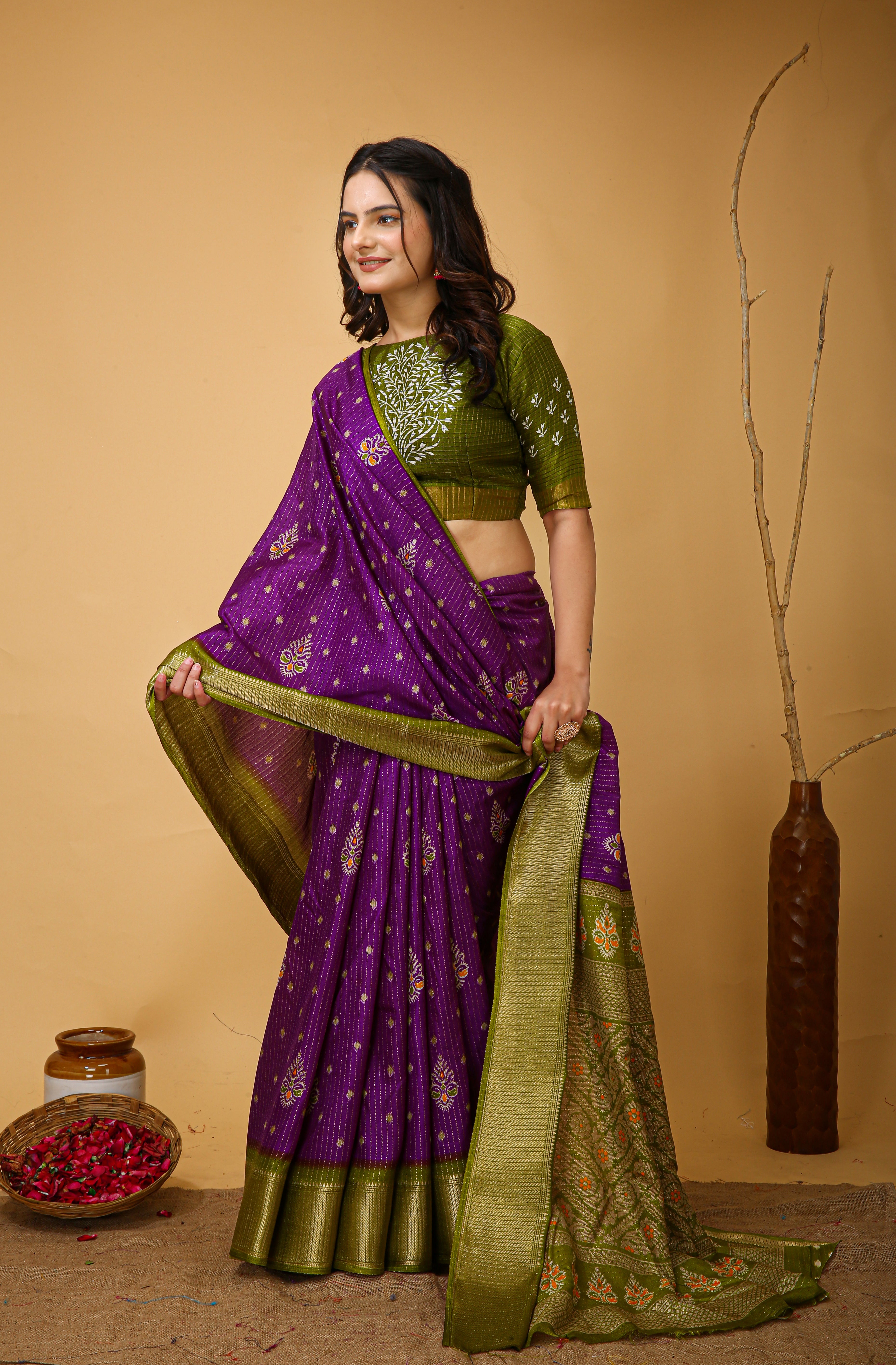 New Fancy Kalamkari Print And Jecard Kanjivaram Zari Border Soft Cotton Dark Purple Saree With Unstiched Blouse