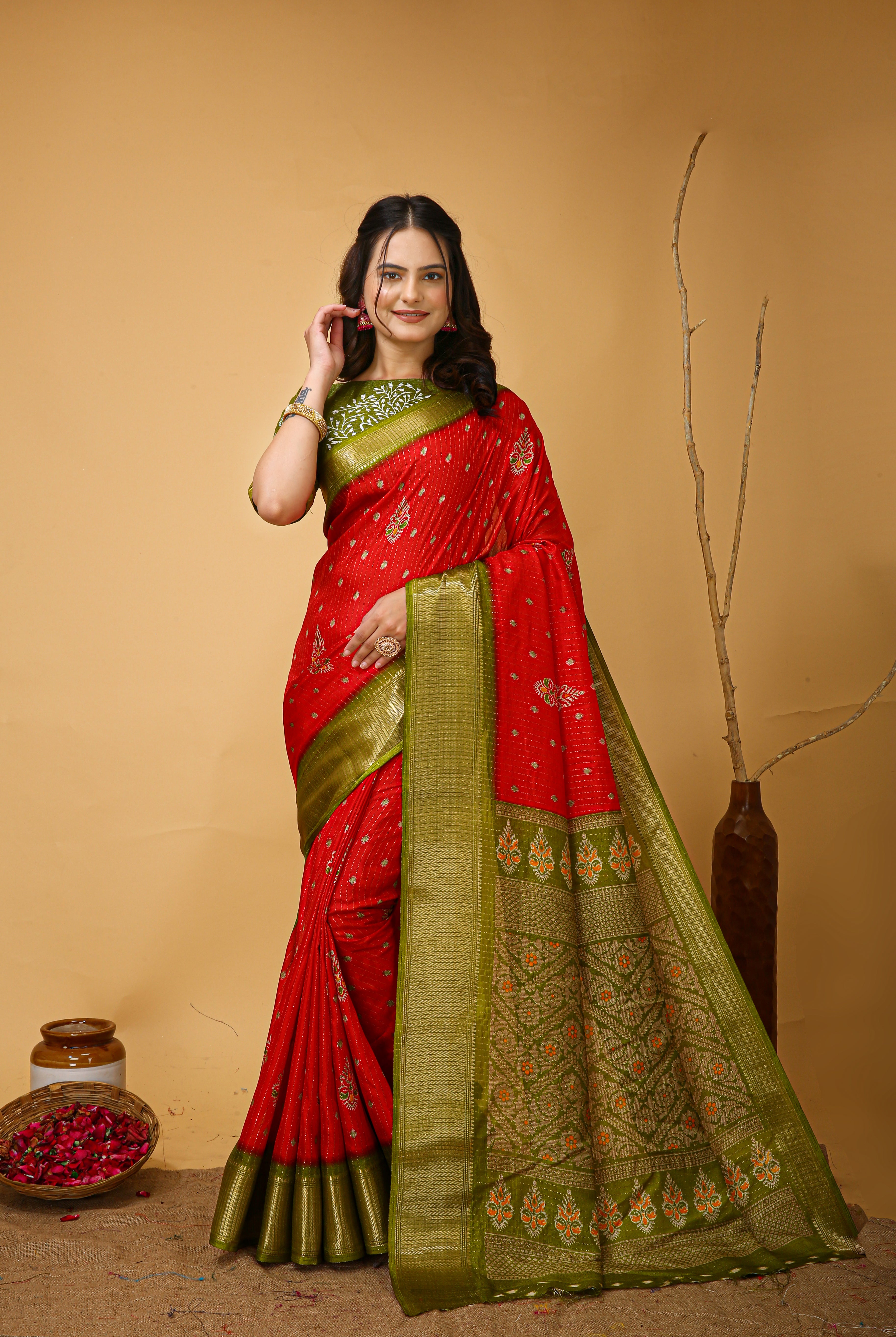 New Fancy Kalamkari Print And Jecard Kanjivaram Zari Border Soft Cotton Red Saree With Unstiched Blouse