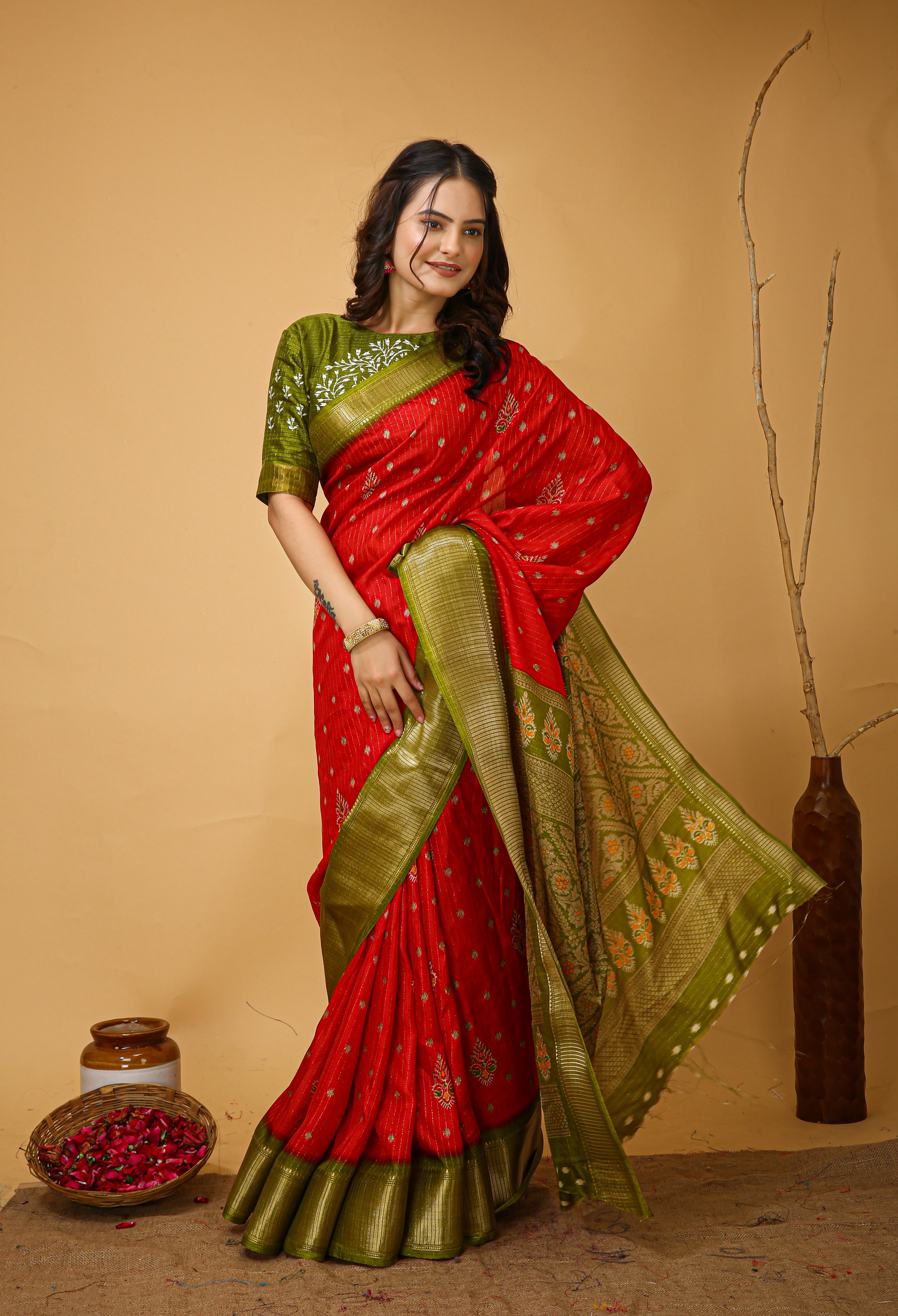 New Fancy Kalamkari Print And Jecard Kanjivaram Zari Border Soft Cotton Red Saree With Unstiched Blouse