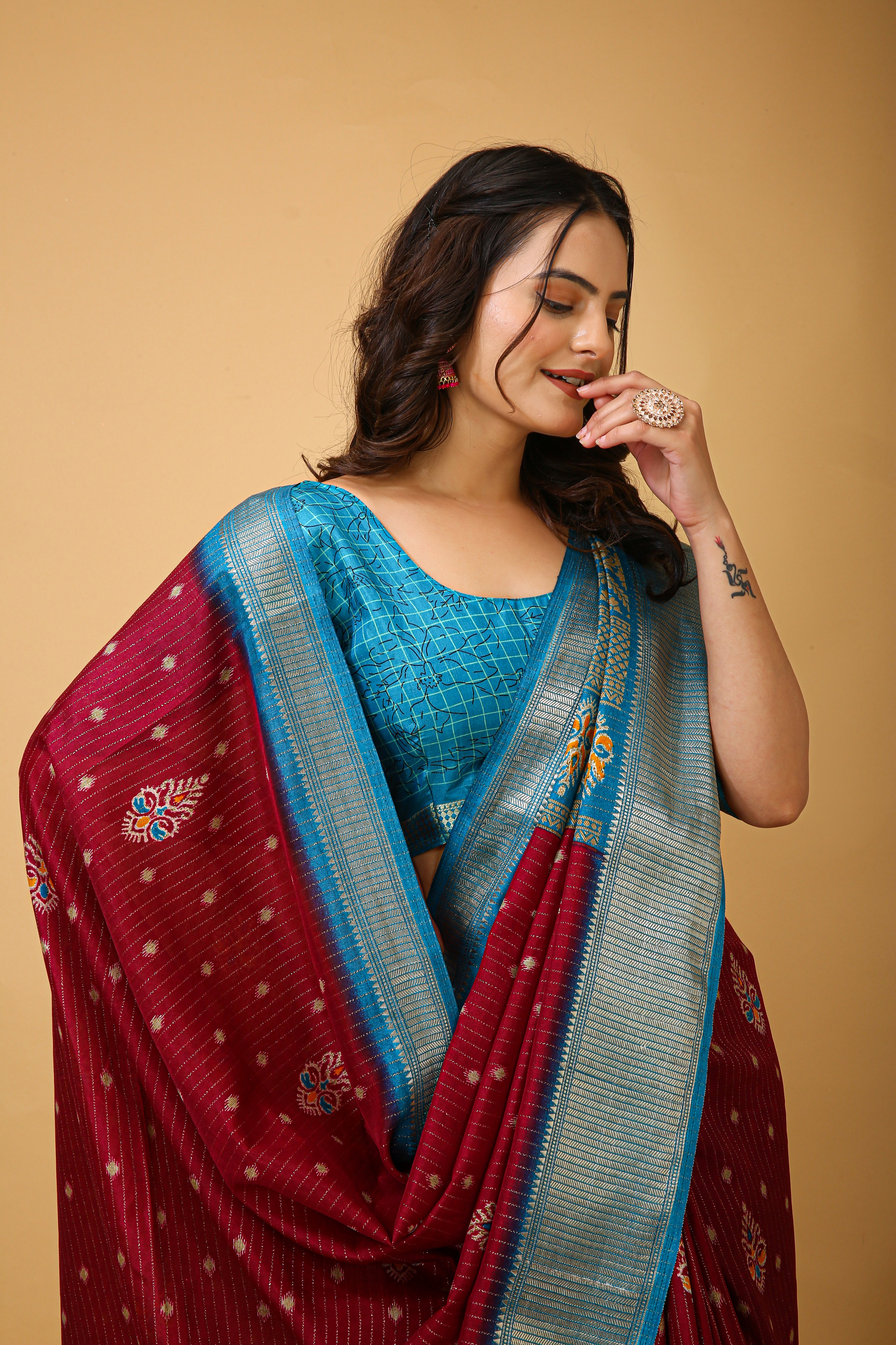 New Fancy Kalamkari Print And Jecard Kanjivaram Zari Border Soft Cotton Wine Saree With Unstiched Blouse