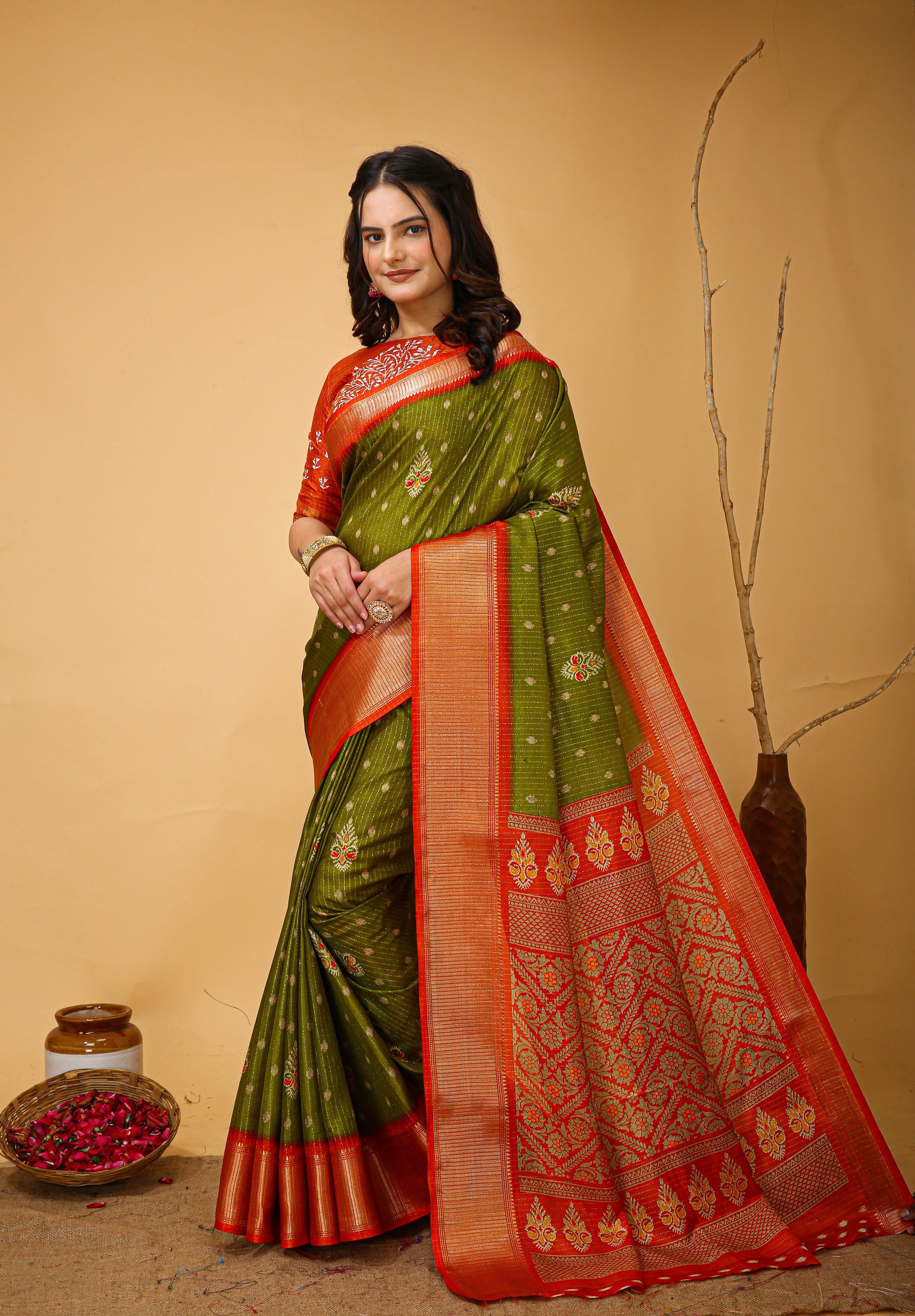 New Fancy Kalamkari Print And Jecard Kanjivaram Zari Border Soft Cotton Parrot Green Saree With Unstiched Blouse