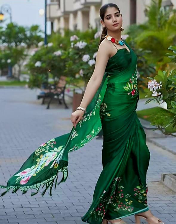 New Designer Original Japan Satin Devsena Green Saree With Digital Print With Digital Printed Unstiched Blouse Piece