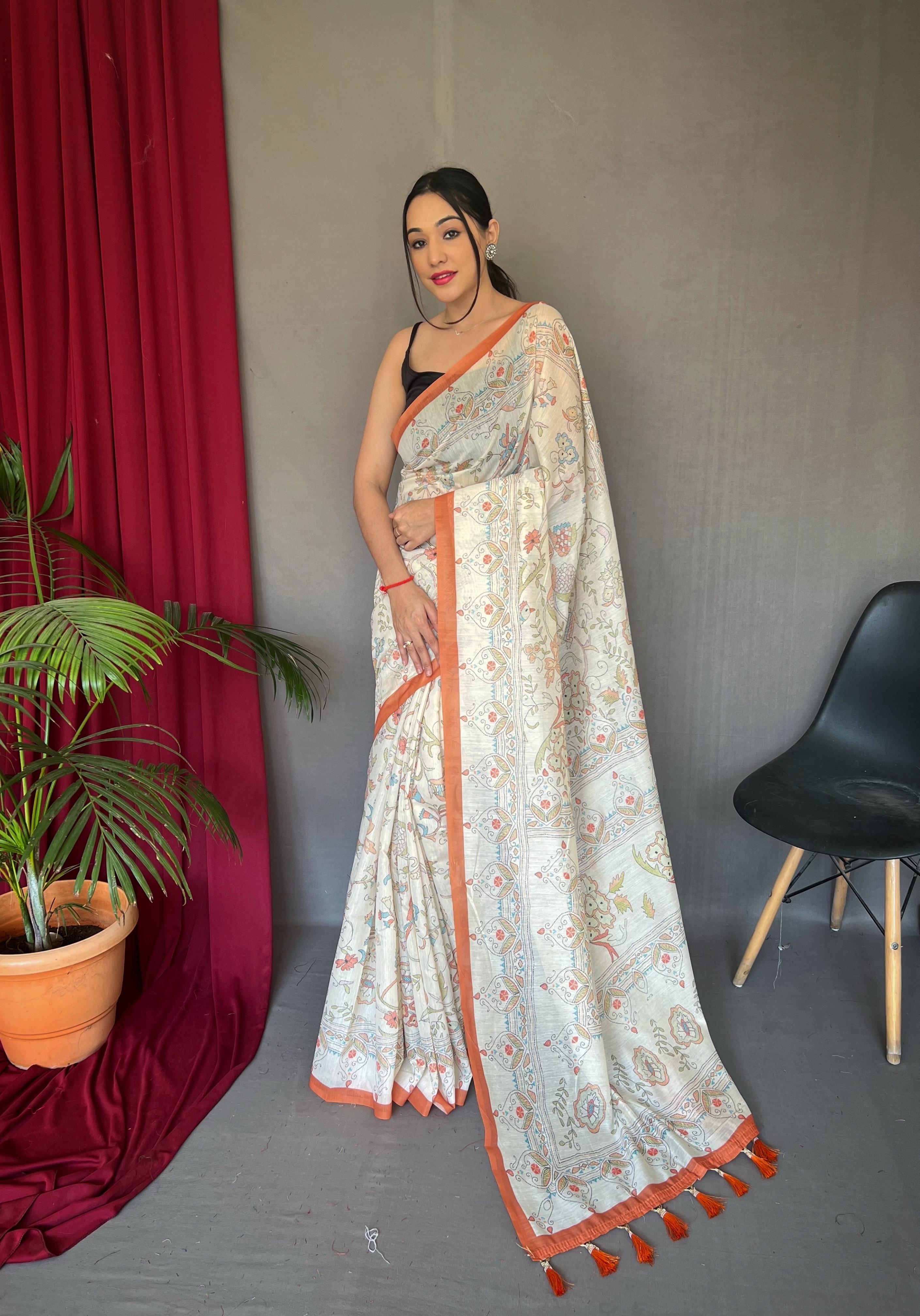 New Designer Pure Soft Malai Cotton Katha Printed Saree With Contrast Border And Printed Unstiched Blouse Piece - Orange