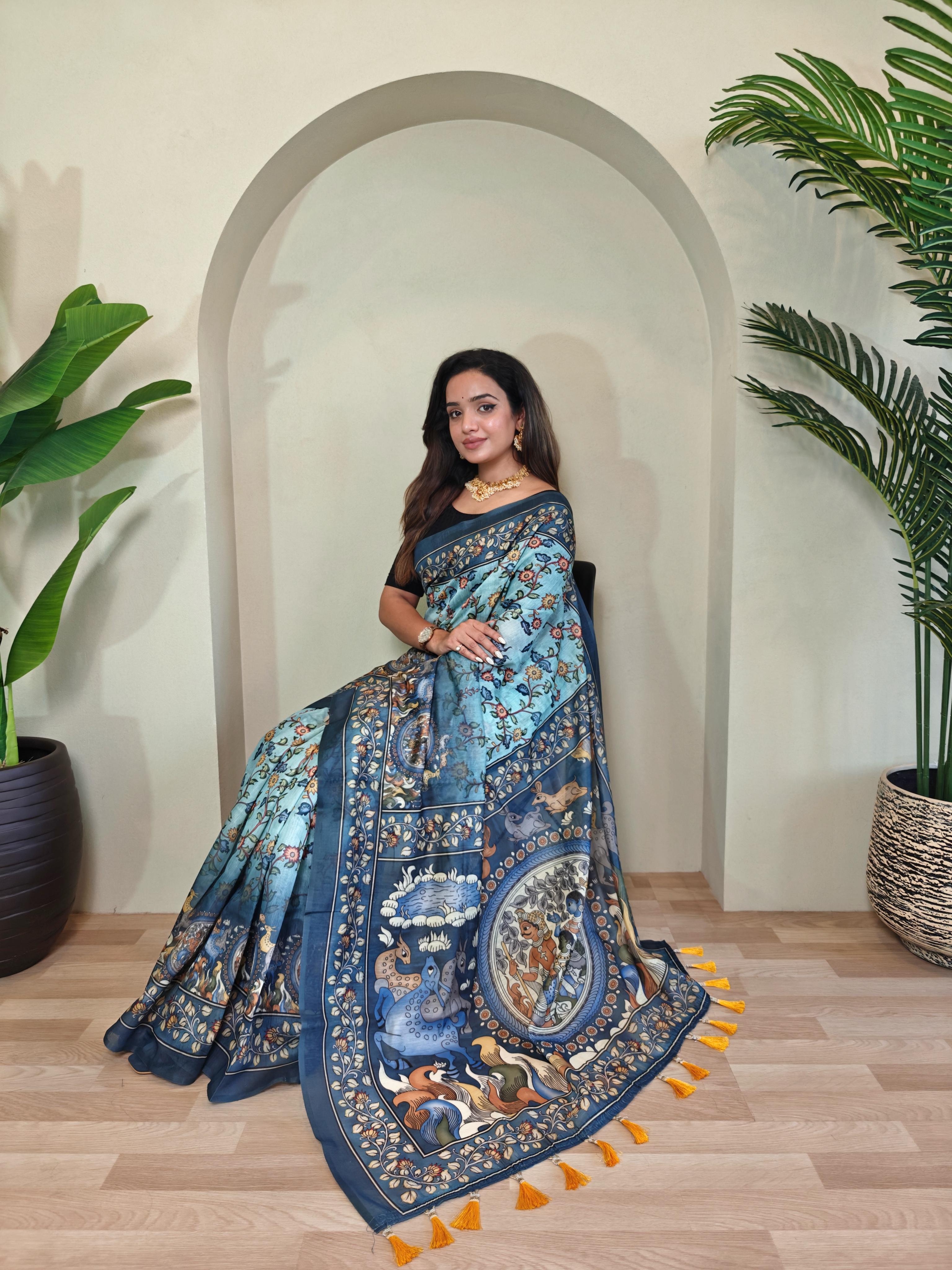 New Designer Pure Malai Cotton Saree With Elephant  Kalamkari Pattern Along With Contras Big Pallu With Tussels - Blue