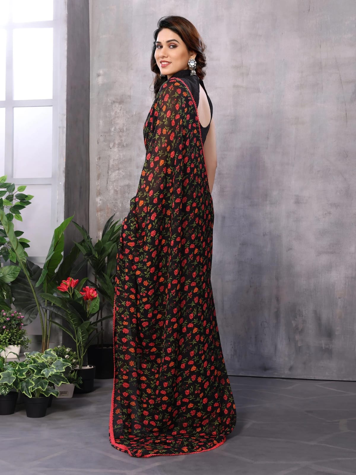 New One Minute Ready To Wear Multi Colour Flower Design Pure Soft Georgette Silk Saree With Black Colour Unstitched Bouse Piece