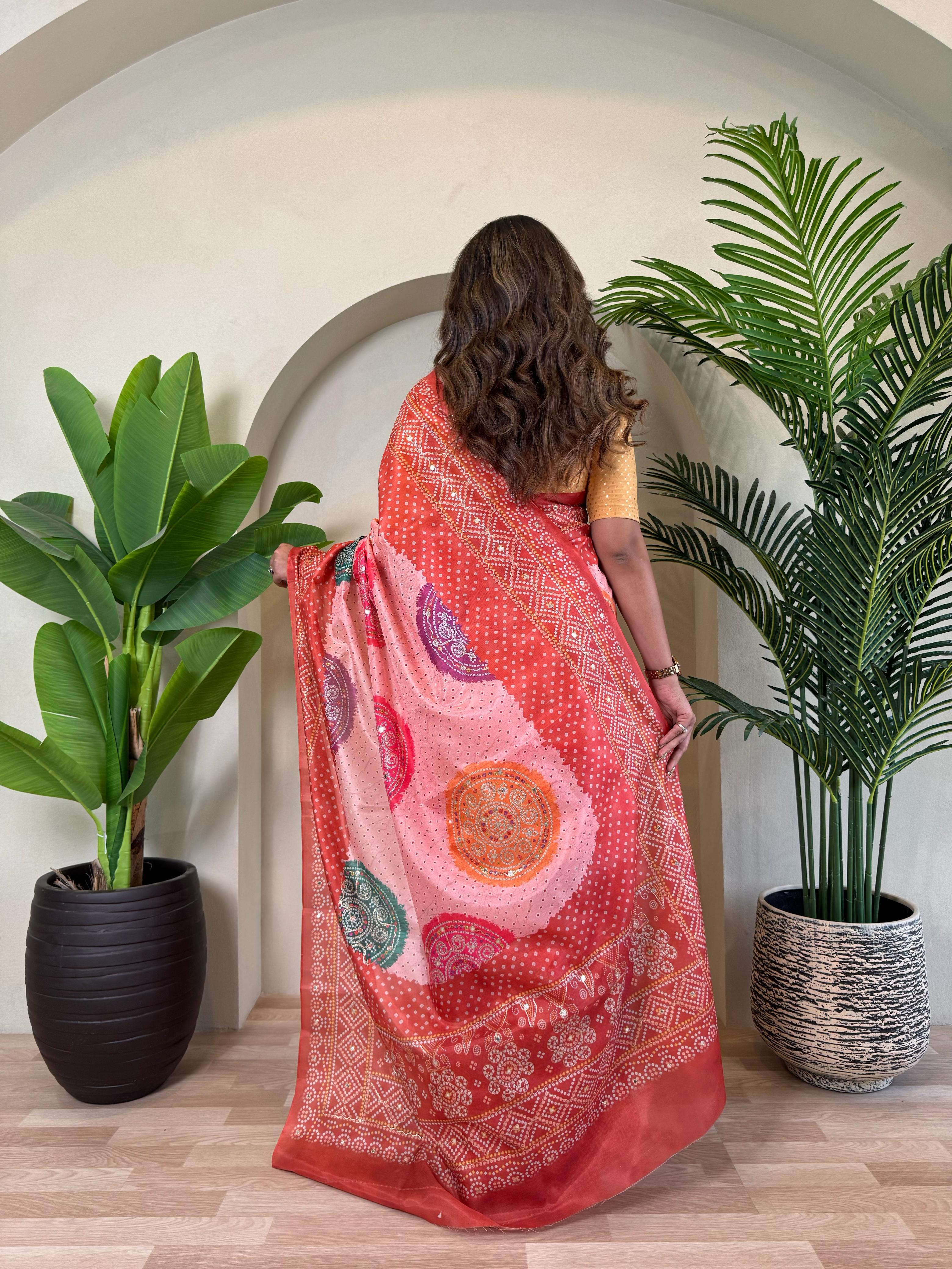 New Designer Tissue Silk Weaving Orange Pink Shade Saree With Contras Printed Embroidery Work Unstiched Blouse Piece