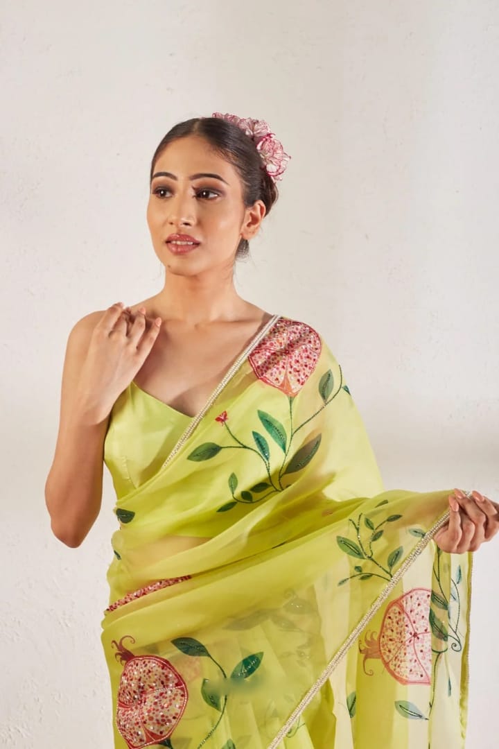 New One Minute Ready To Wear Soft Organza Silk Saree with Beautiful Hand Worked Moti  And Val Work With Same Handworked Stiched Blouse