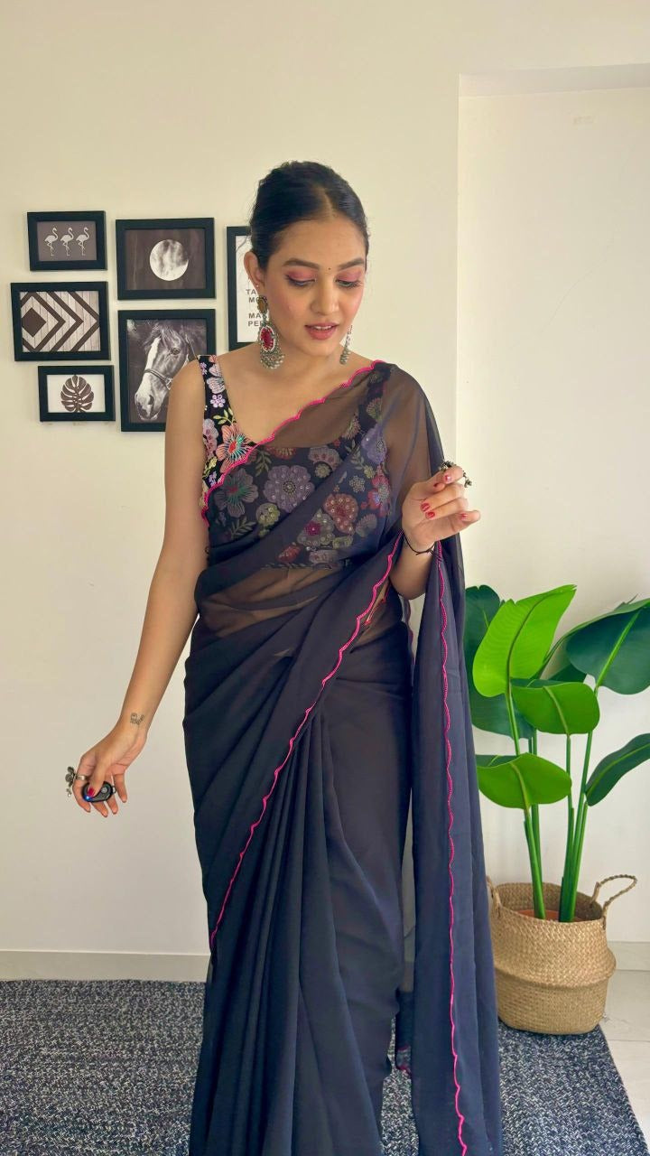 One Minute Ready To Wear Black Orchid Elegance Pure Soft Georgette Silk Saree