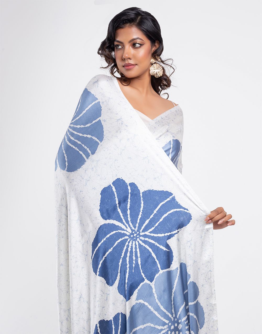 New Designer Original Japan Satin Devsena Saree With Flowered Digital Print With Digital Printed Unstiched Blouse Piece - White