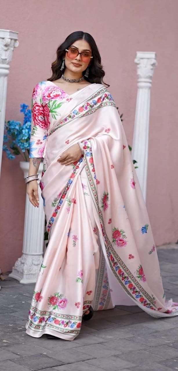 New Designer Original Japan Satin Devsena Saree With Digital Printed Flower Design With Digital Printed Unstiched Blouse Piece
