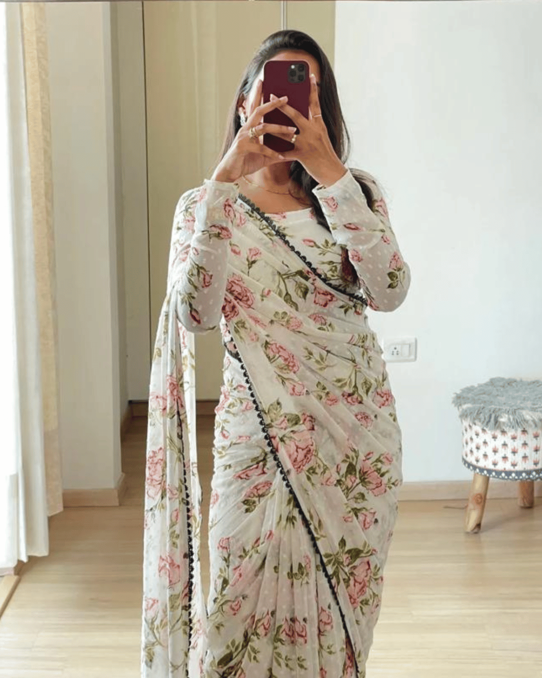 One Minute Ready To Wear White Flower Saree