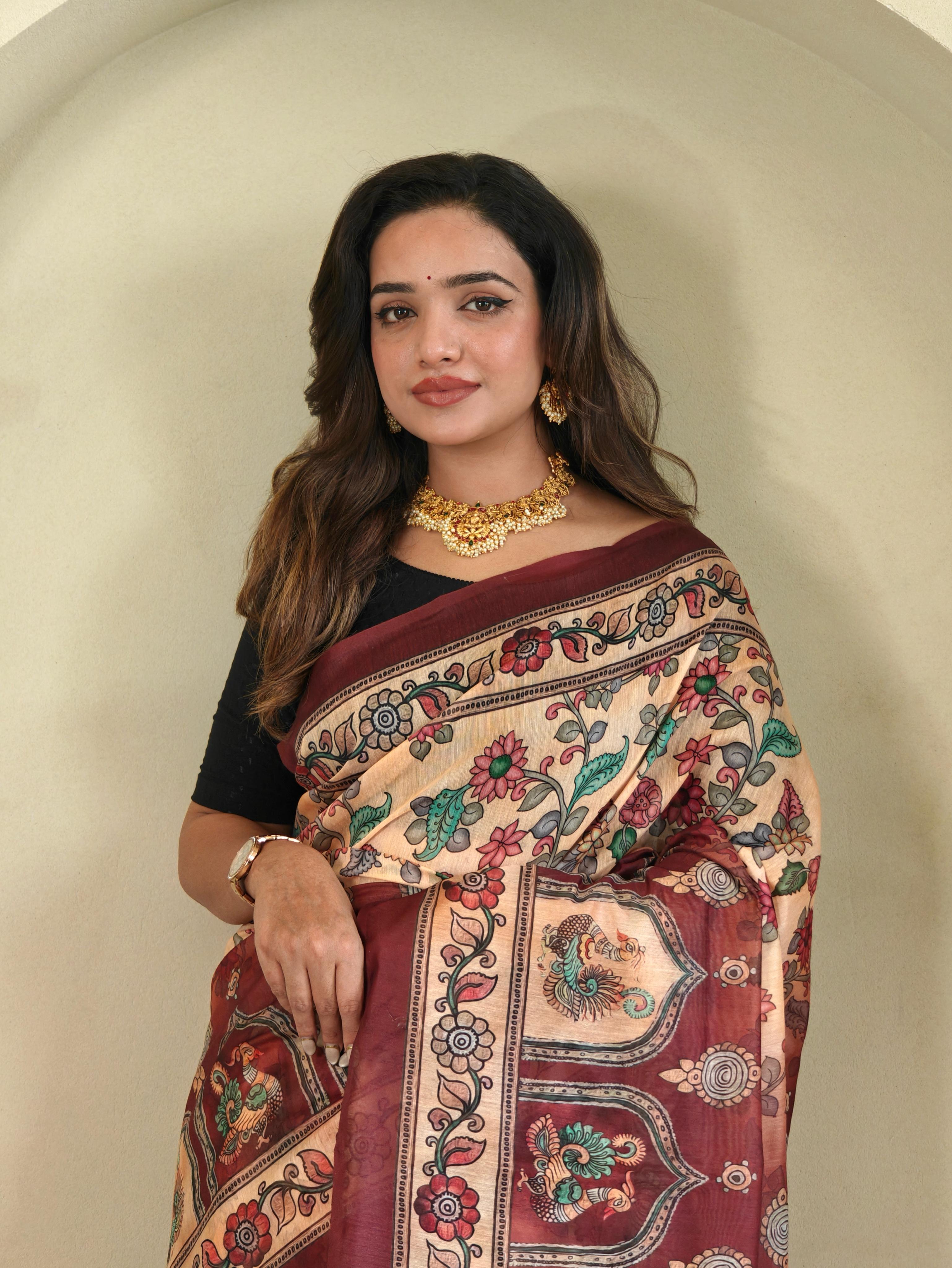 New Designer Pure Malai Cotton Saree With Elephant  Kalamkari Pattern Along With Contras Big Pallu With Tussels - Cream