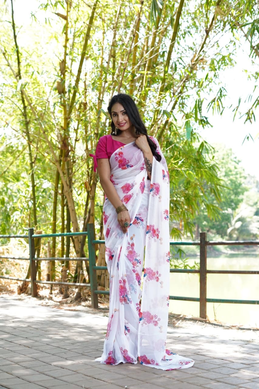 New One Minute Ready To Wear  White And Pink Colour Flowers Design Pure Soft Georgette Saree With Pink Unstitched Blouse