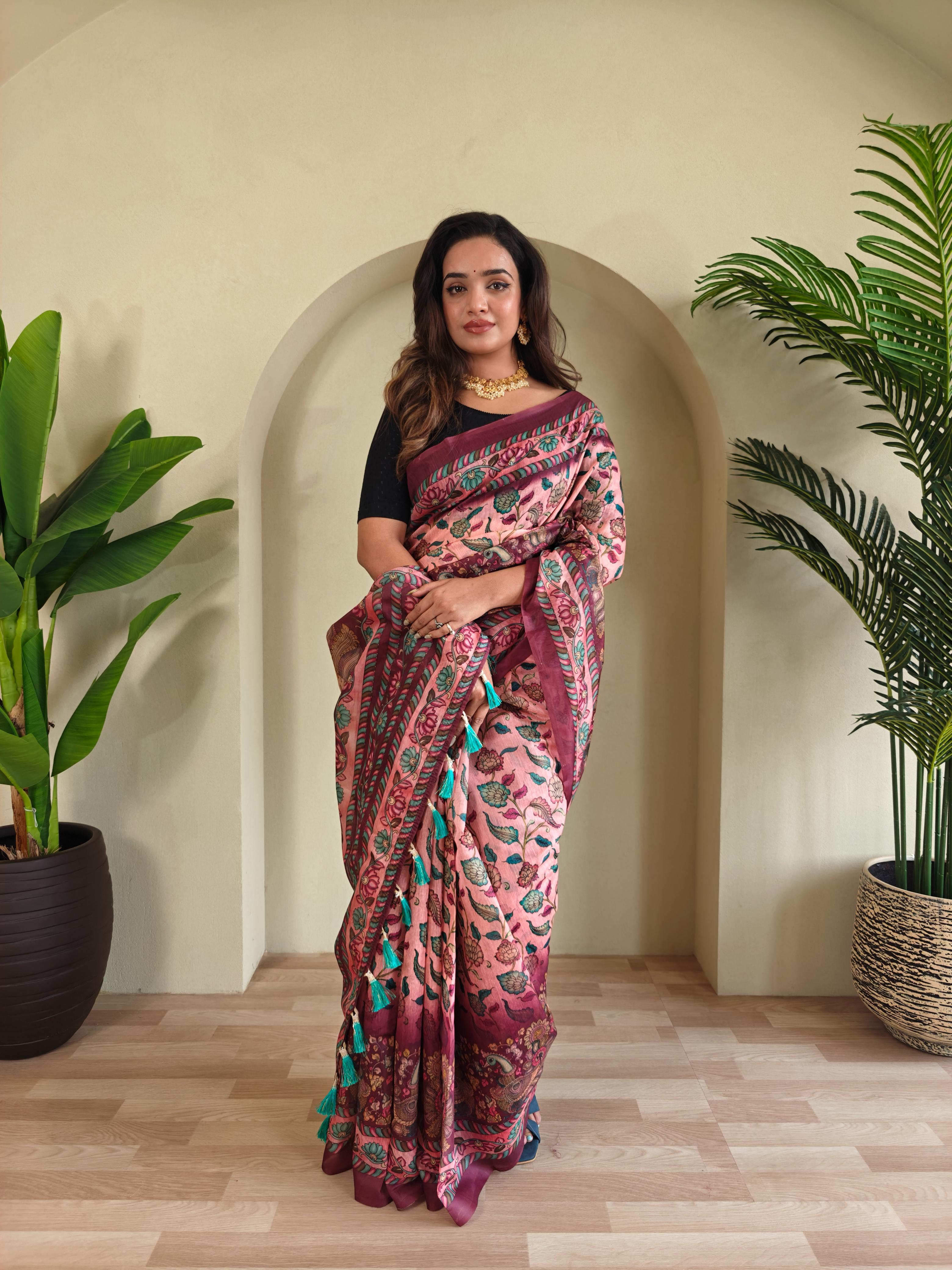 New Designer Pure Malai Cotton Saree With Elephant  Kalamkari Pattern Along With Contras Big Pallu With Tussels - Pink