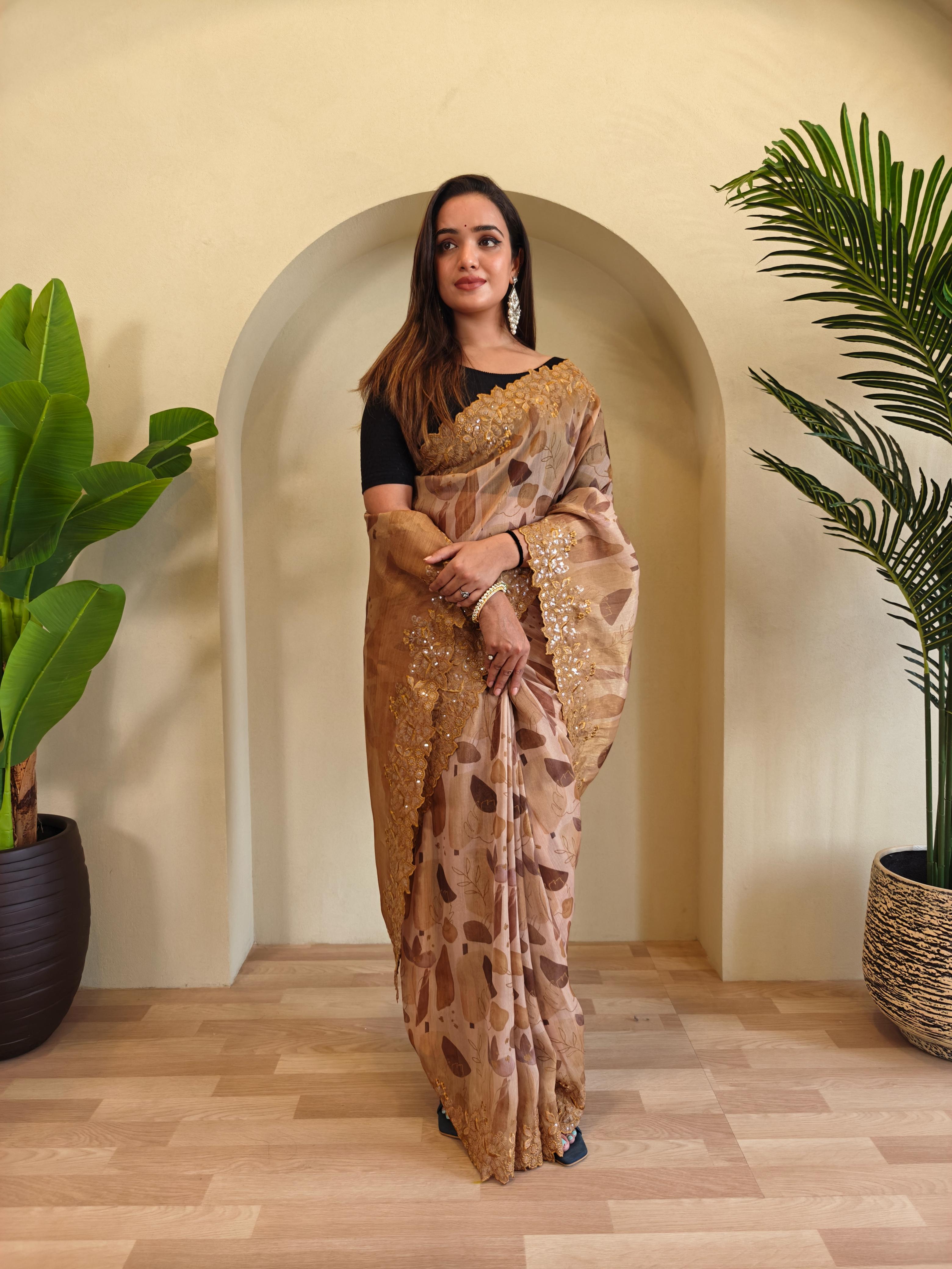 New Designer Hand Crafted Magicgold  Digital Print And Viscose - Sequins Embroideried  Organza Saree With Negative Printed Unstiched Blouse piece - Brown