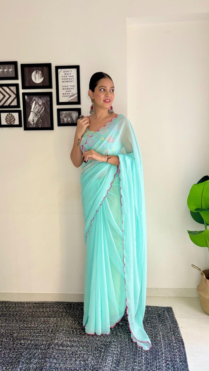 One Minute Ready To Wear Celestial Sky Blue Elegance Pure Soft Georgette Silk Saree