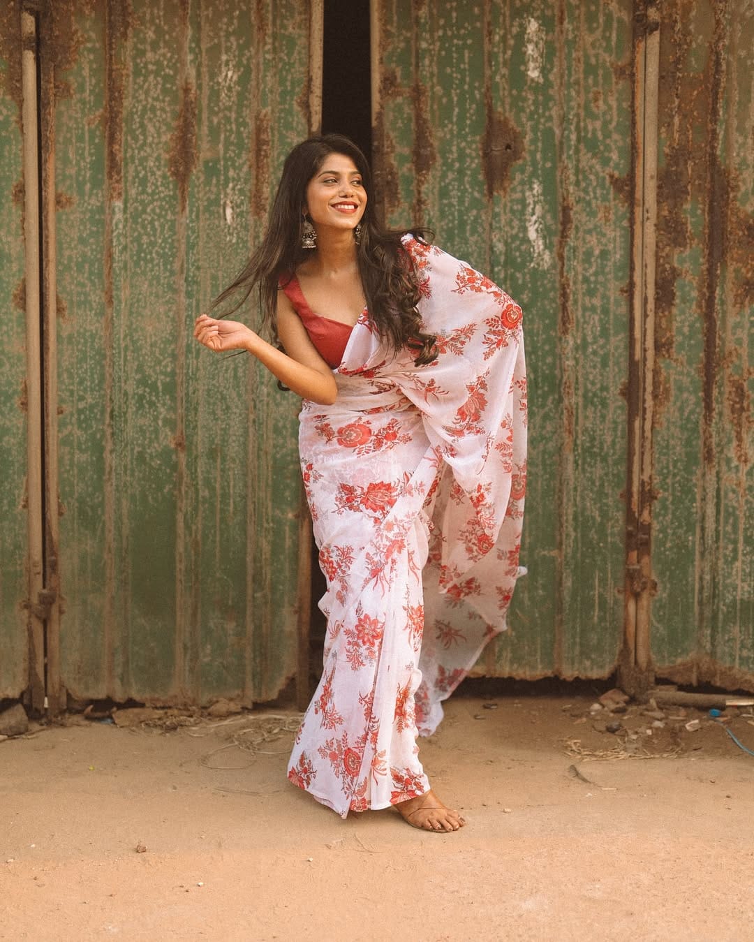 New One Minute Ready To Wear Pure Soft Georgette Silk Flower Designed White Saree With Same Model  Unstiched Blouse Piece