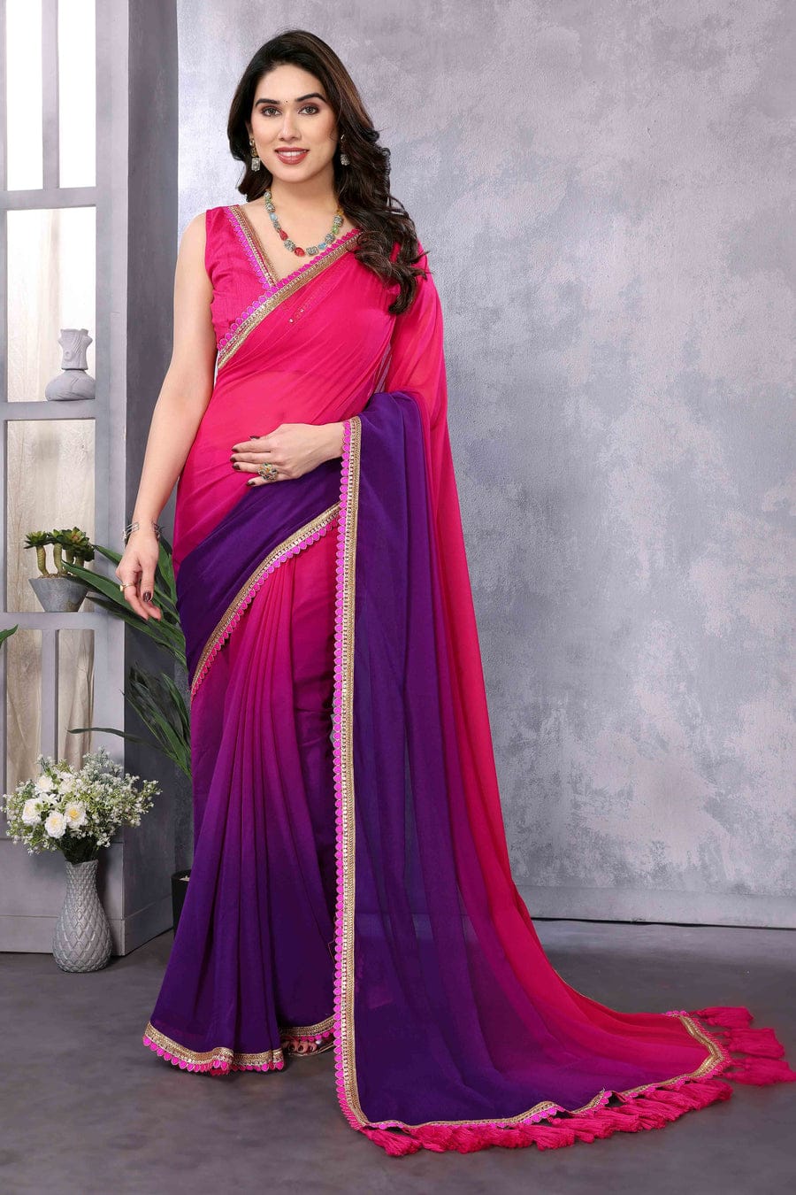 One Minute Ready To Wear Timeless Tradition Pink Purple Delicate Contrast Saree with Unstitch Blouse